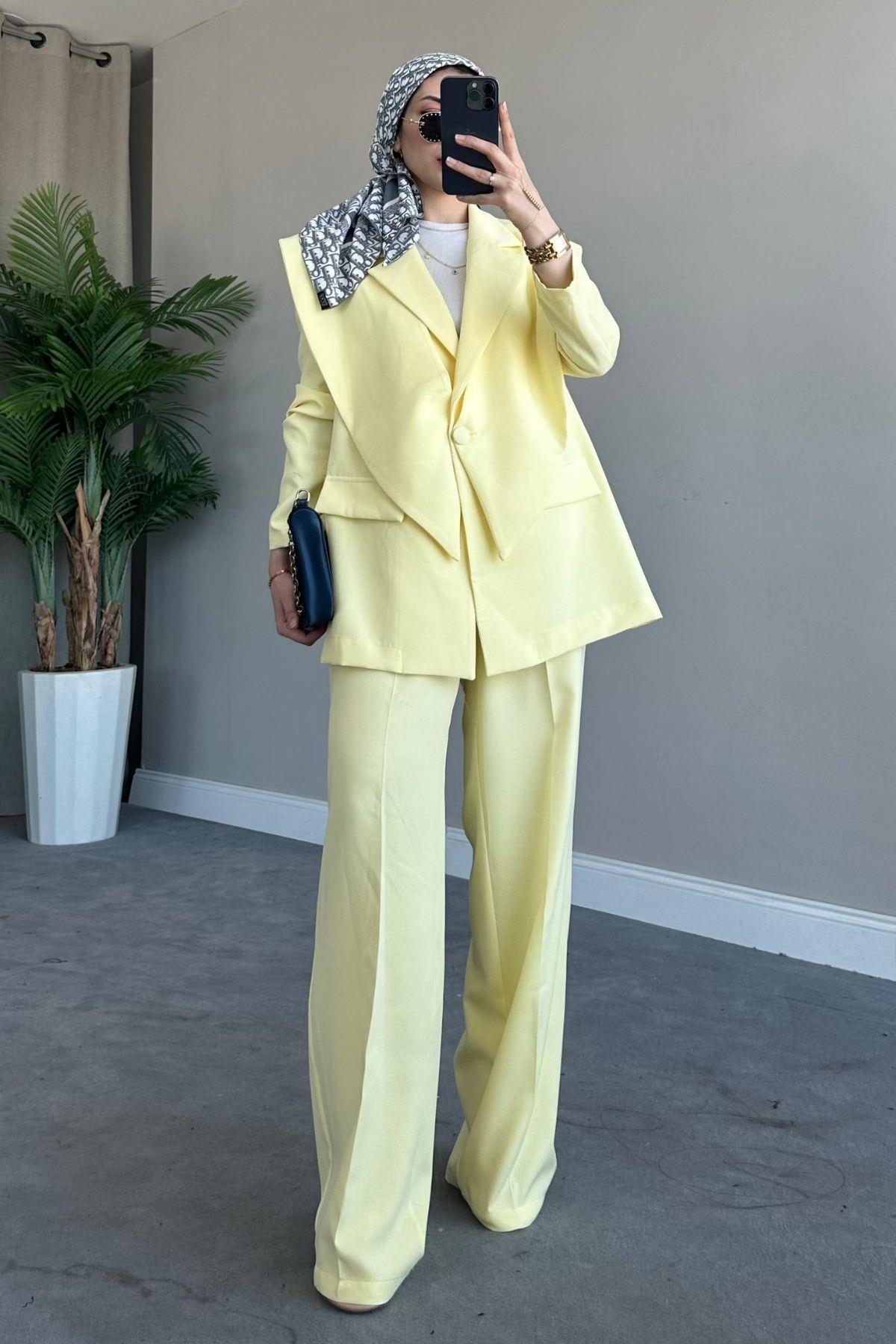Kapaklı Blazer Takım Sarı, Fiyatları Haza Moda | Tesettür Giyim | Kapaklı Blazer Takım Sarı