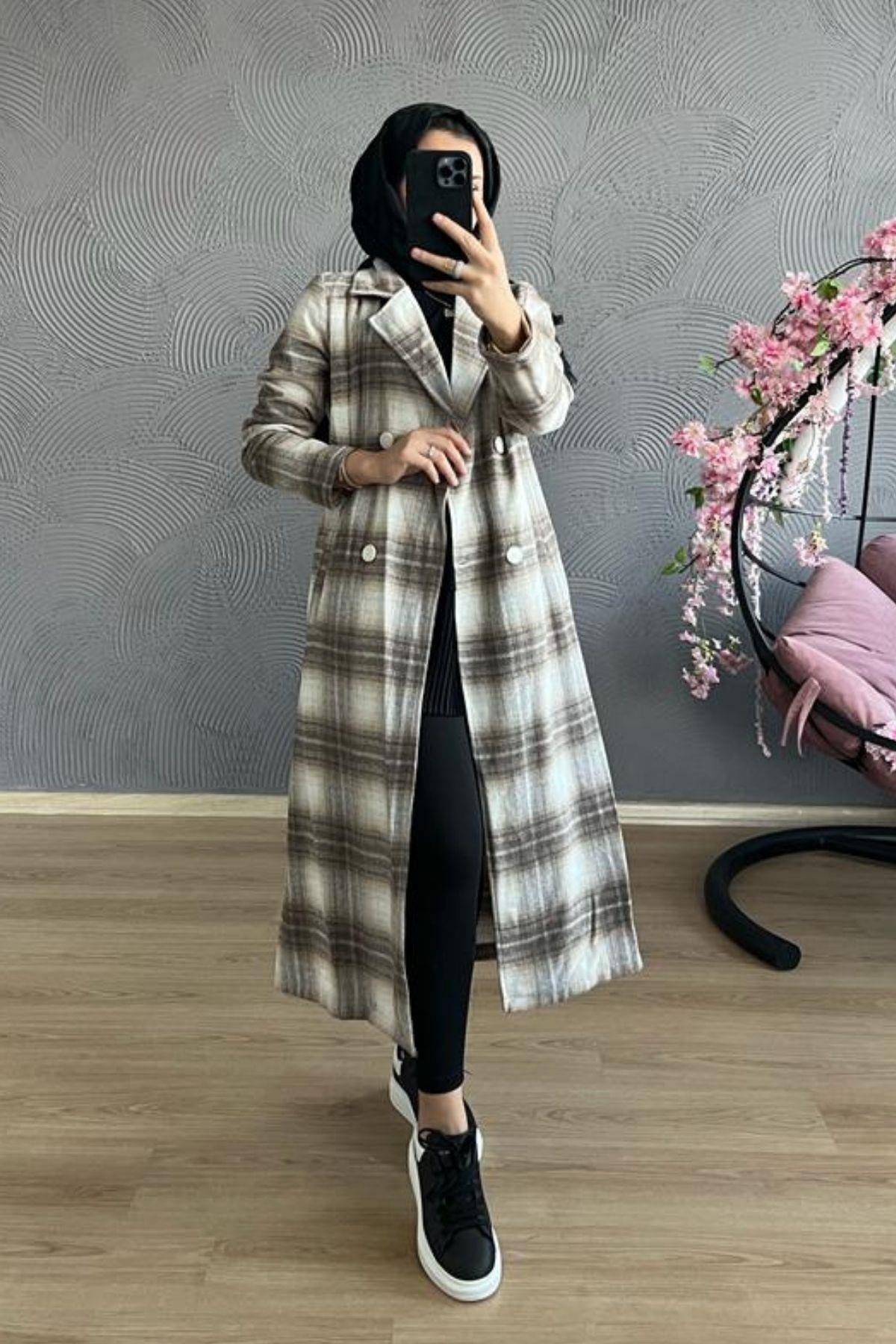 Kareli Kaban VİZON, Fiyatları TABA Kaşe Kaban-GRİ – Haza Moda | Tesettür Giyim