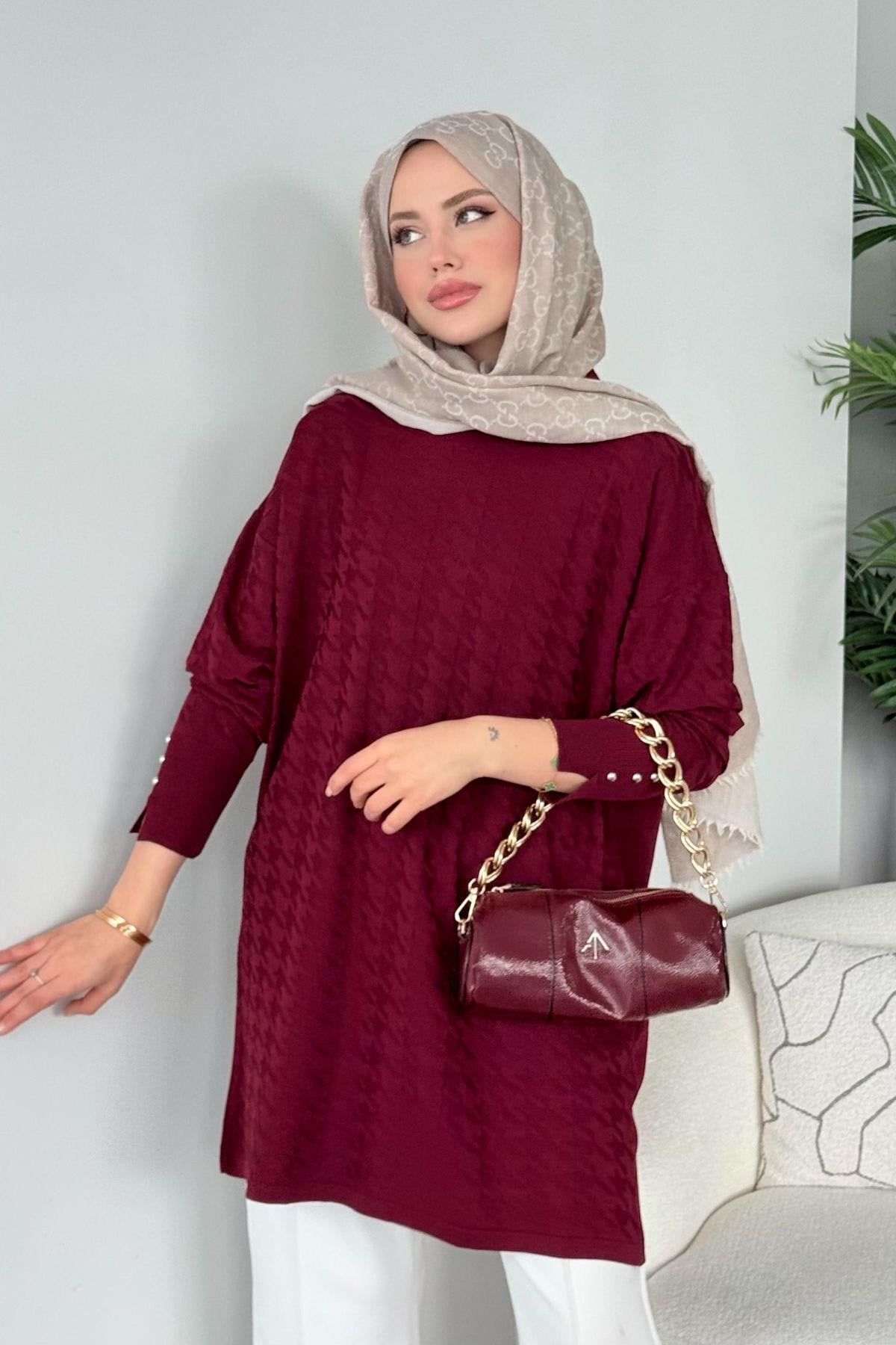 Kaz Ayağı Desenli Merserize Tunik Bordo, Fiyatları 