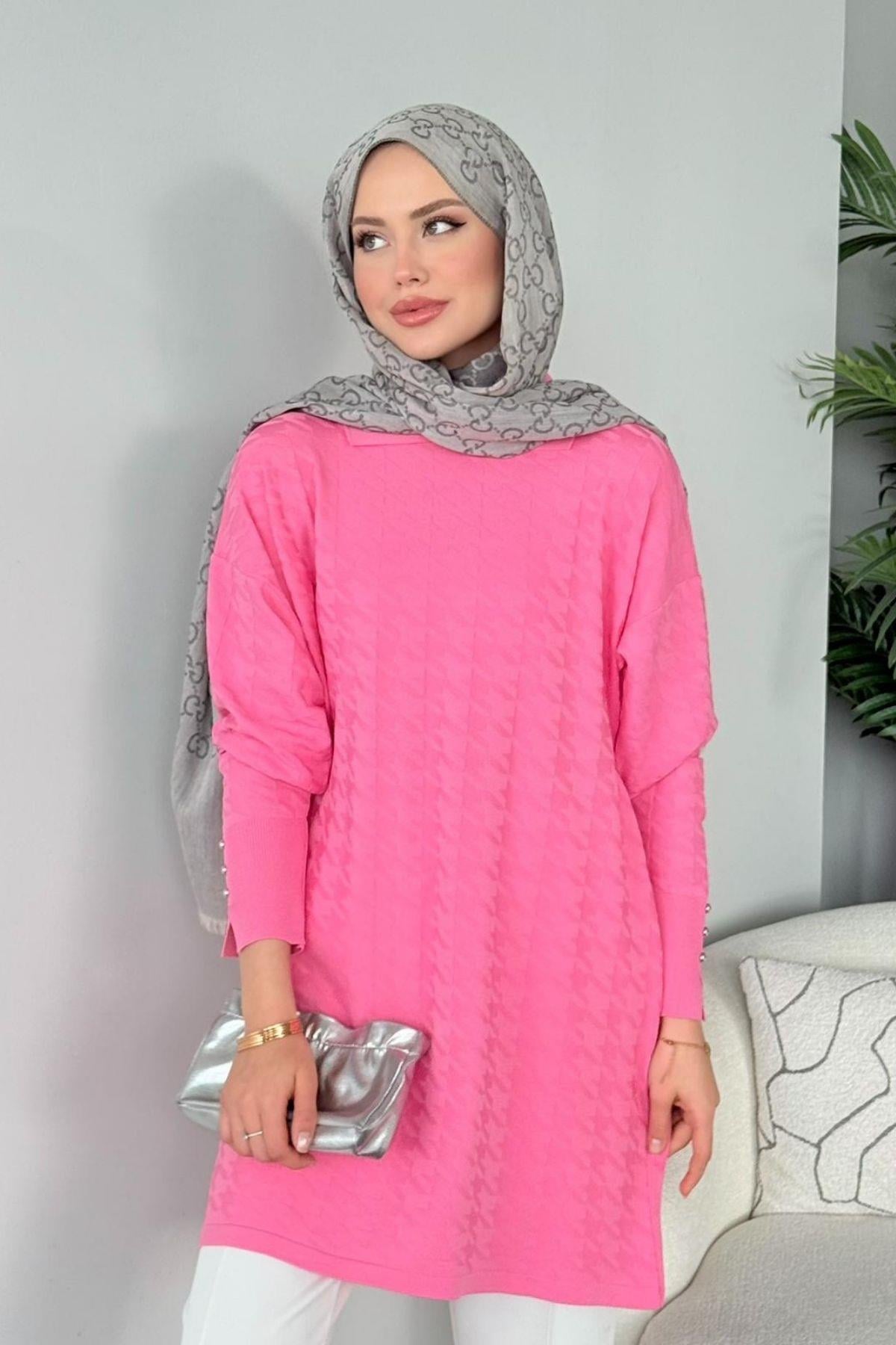 Kaz Ayağı Desenli Merserize Tunik Pembe, Fiyatları 