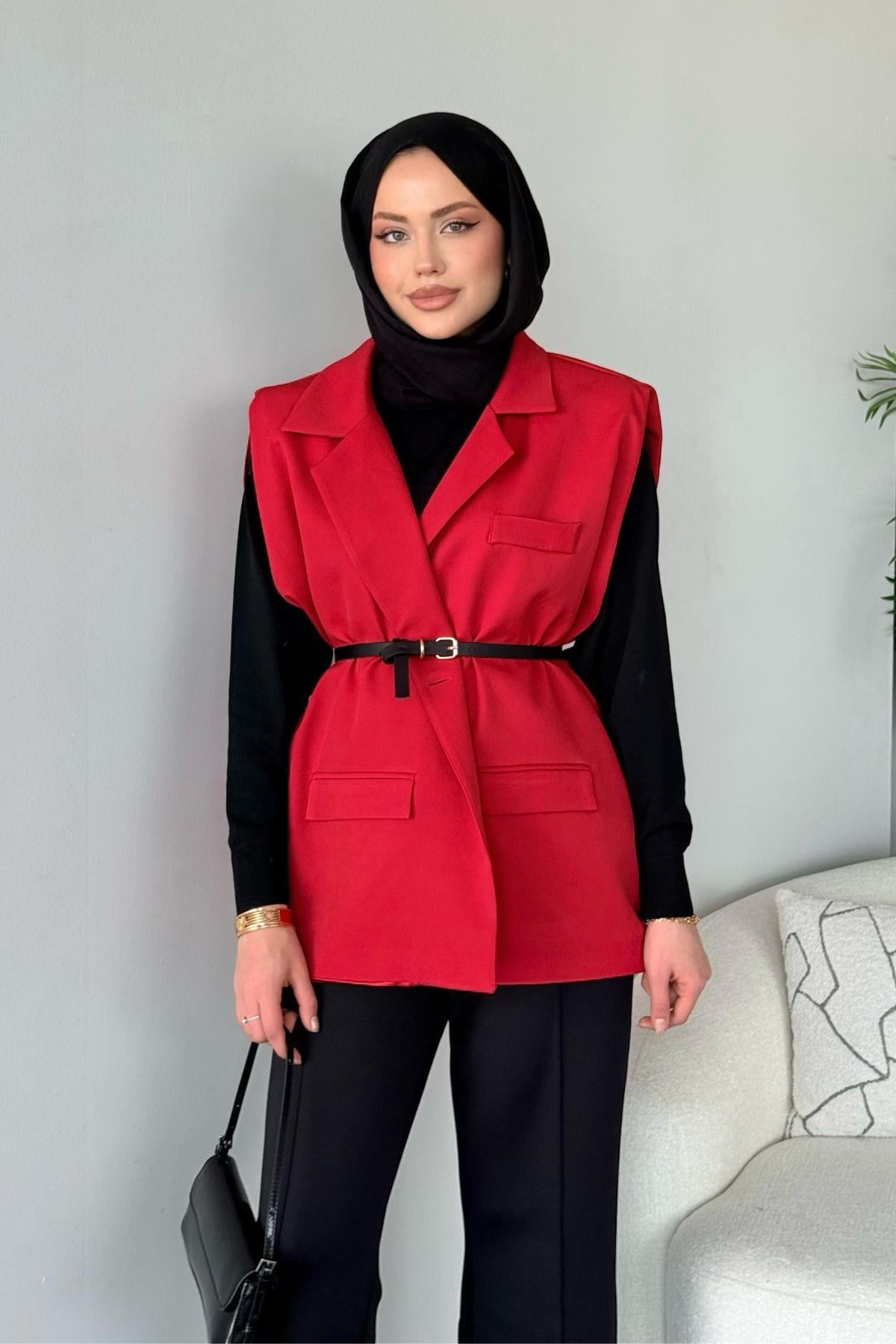 Kemerli Blazer Ceket Kırmızı, Fiyatları 