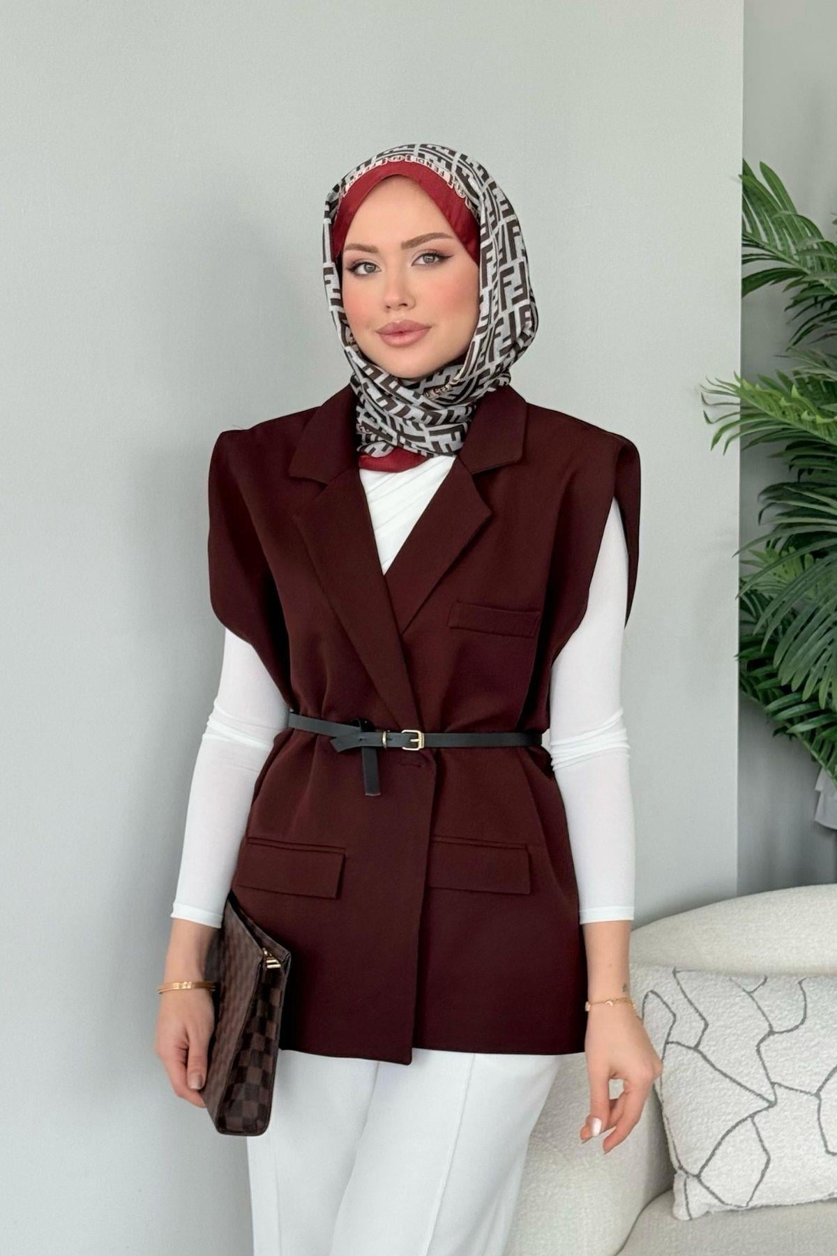 Kemerli Blazer Yelek Acı kahve, Fiyatları Kemerli Blazer Yelek Acı kahve- Haza Moda 
