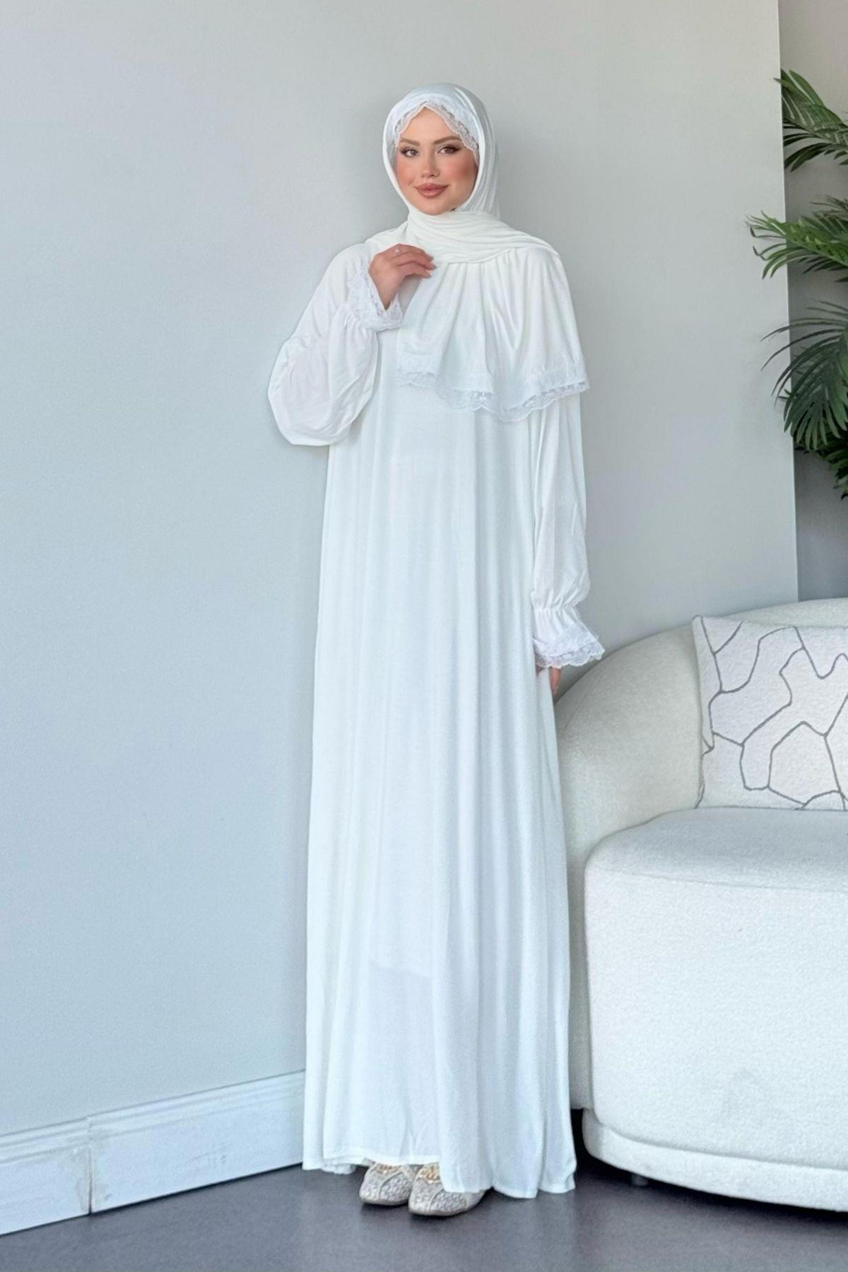 Kendinden Şallı Namaz Elbise Beyaz, Fiyatları Kendinden Şallı Namaz Elbise Beyaz - Haza Moda 