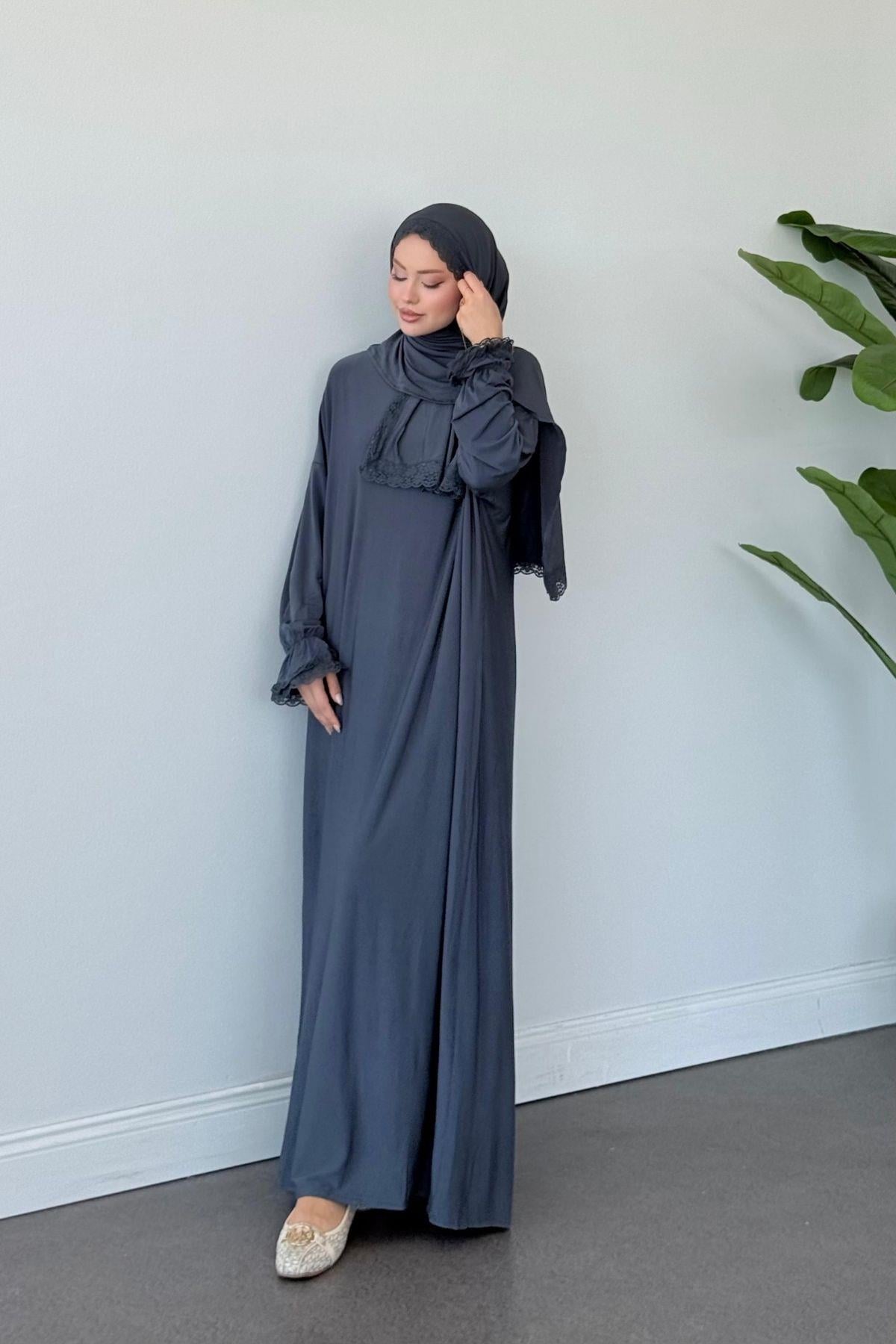Kendinden Şallı Namaz Elbise Füme, Fiyatları Kendinden Şallı Namaz Elbise Füme- Haza Moda