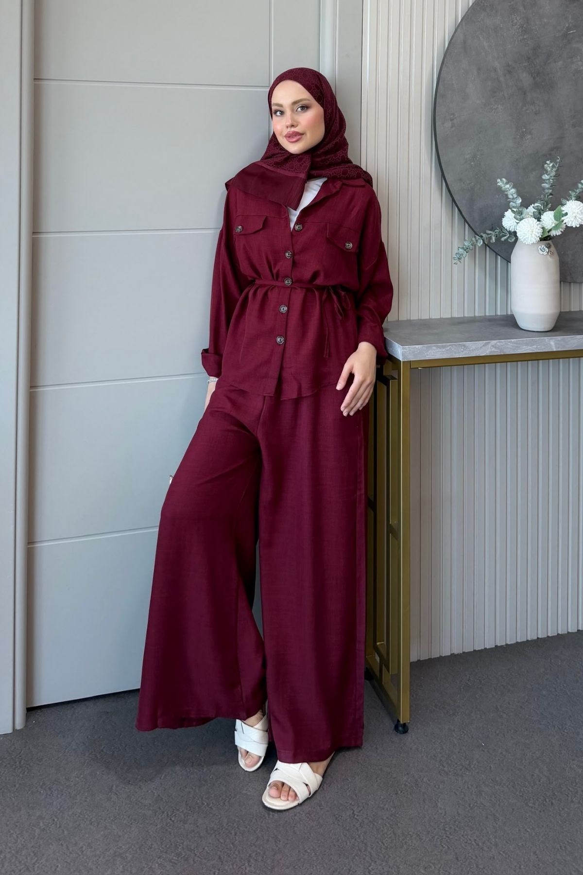 Keten Düğmeli İkili Takım Bordo, Fiyatları 