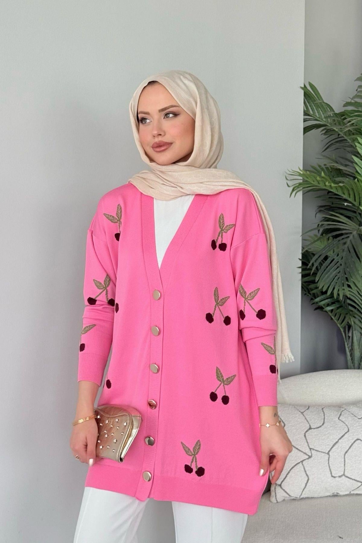 Kirazlı Merserize Hırka Pembe, Fiyatları Kirazlı Merserize Hırka Pembe- Haza Moda 