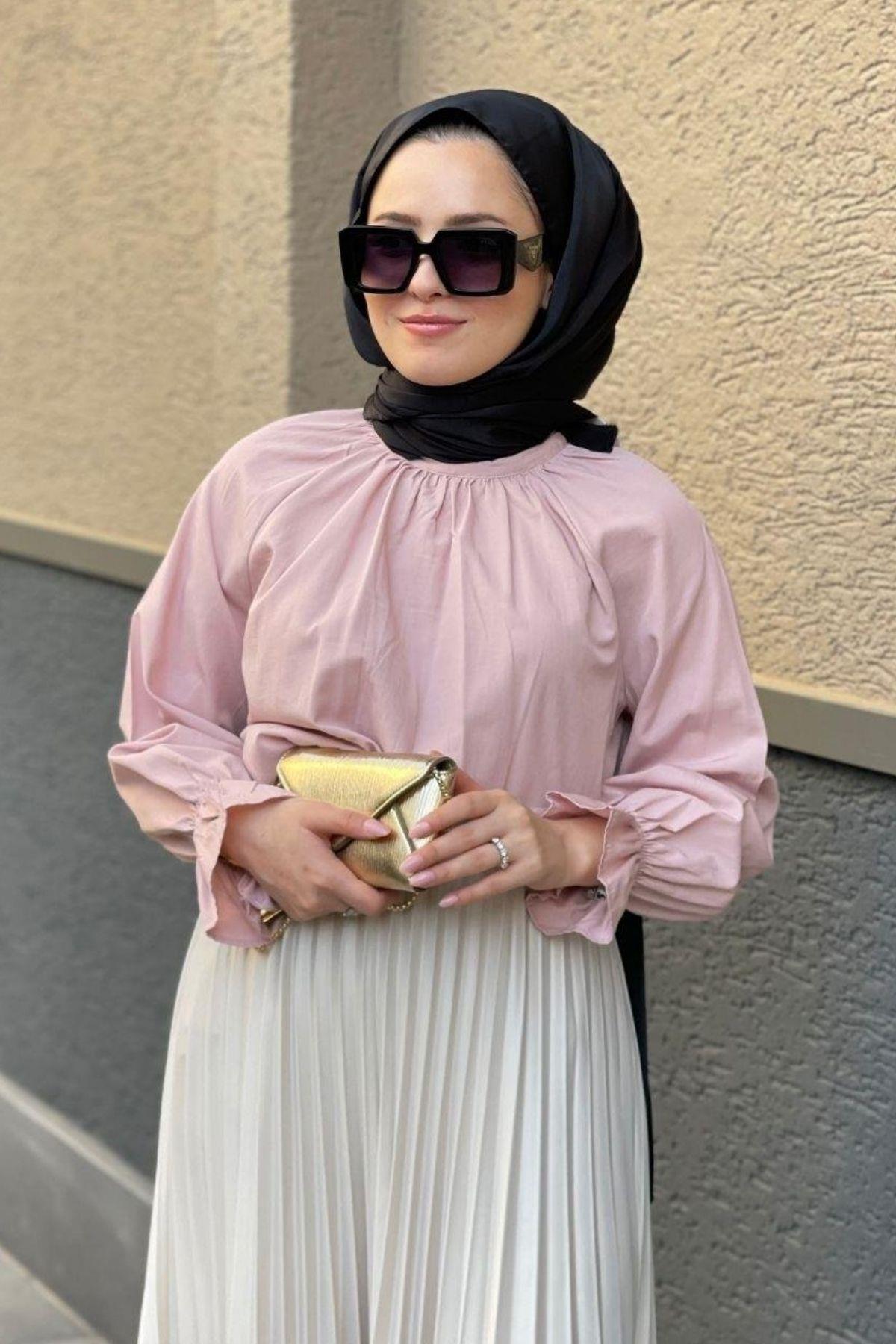 Kolu Lastikli Poplin Tesettür Tunik Pudra, Fiyatları 