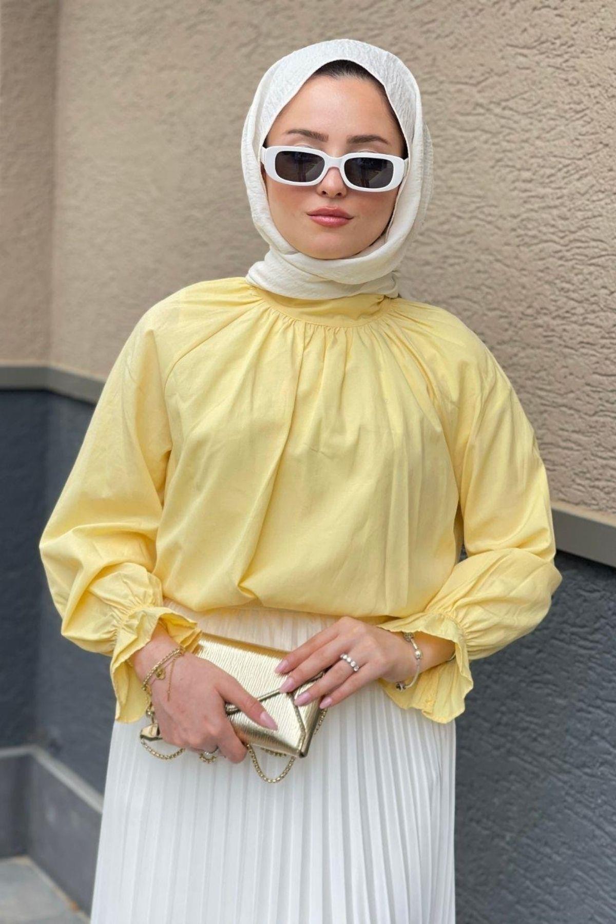 Kolu Lastikli Poplin Tesettür Tunik Sarı, Fiyatları 
