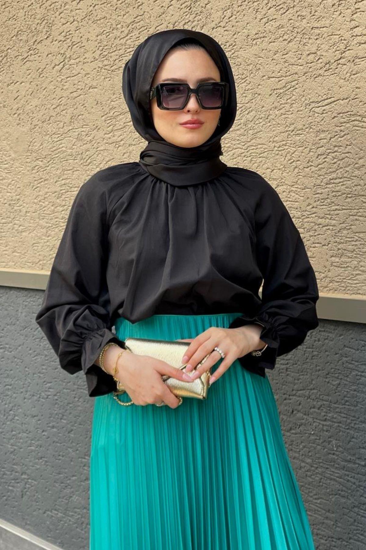 Kolu Lastikli Poplin Tesettür Tunik Siyah, Fiyatları 