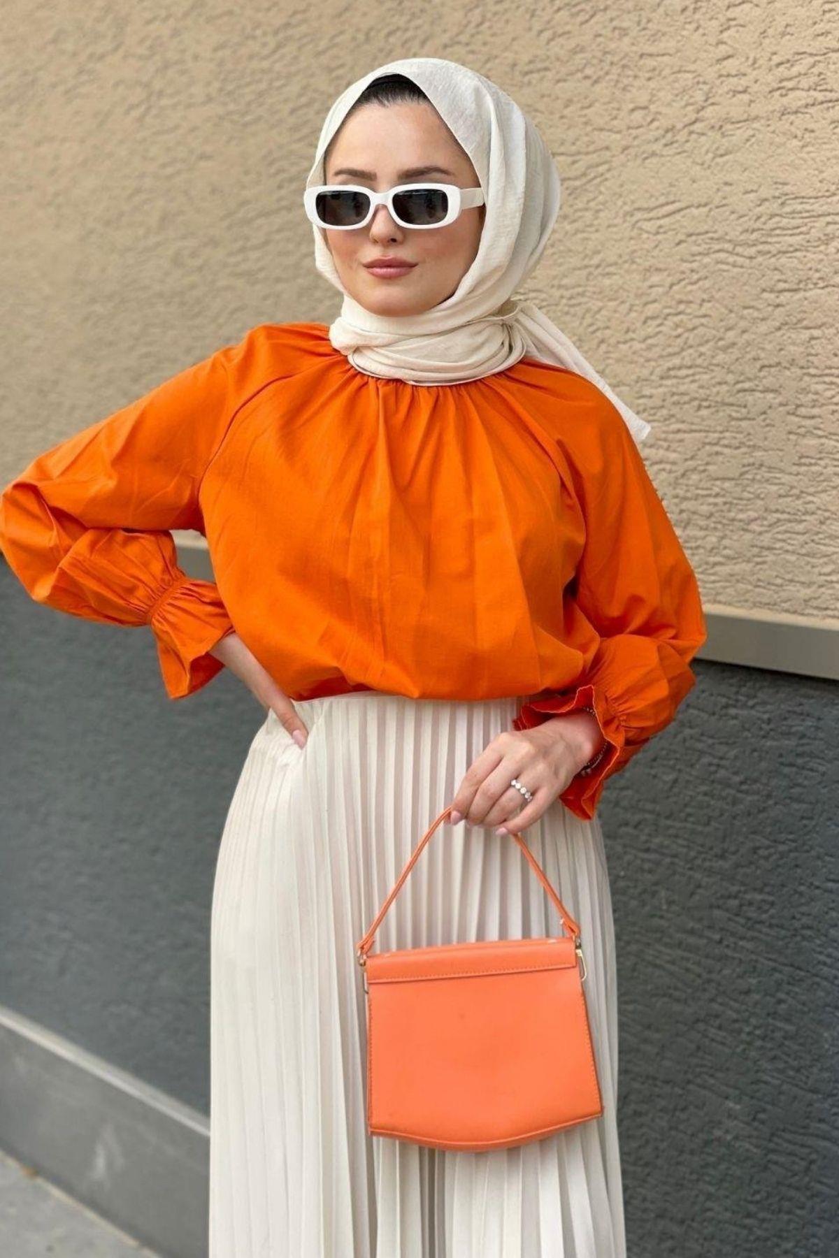 Kolu Lastikli Poplin Tesettür Tunik Turuncu, Fiyatları 