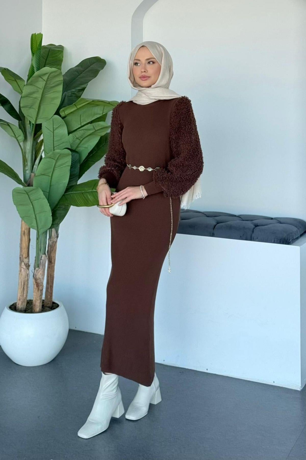 Kolu Peluş Triko Elbise Acı Kahve, Fiyatları 