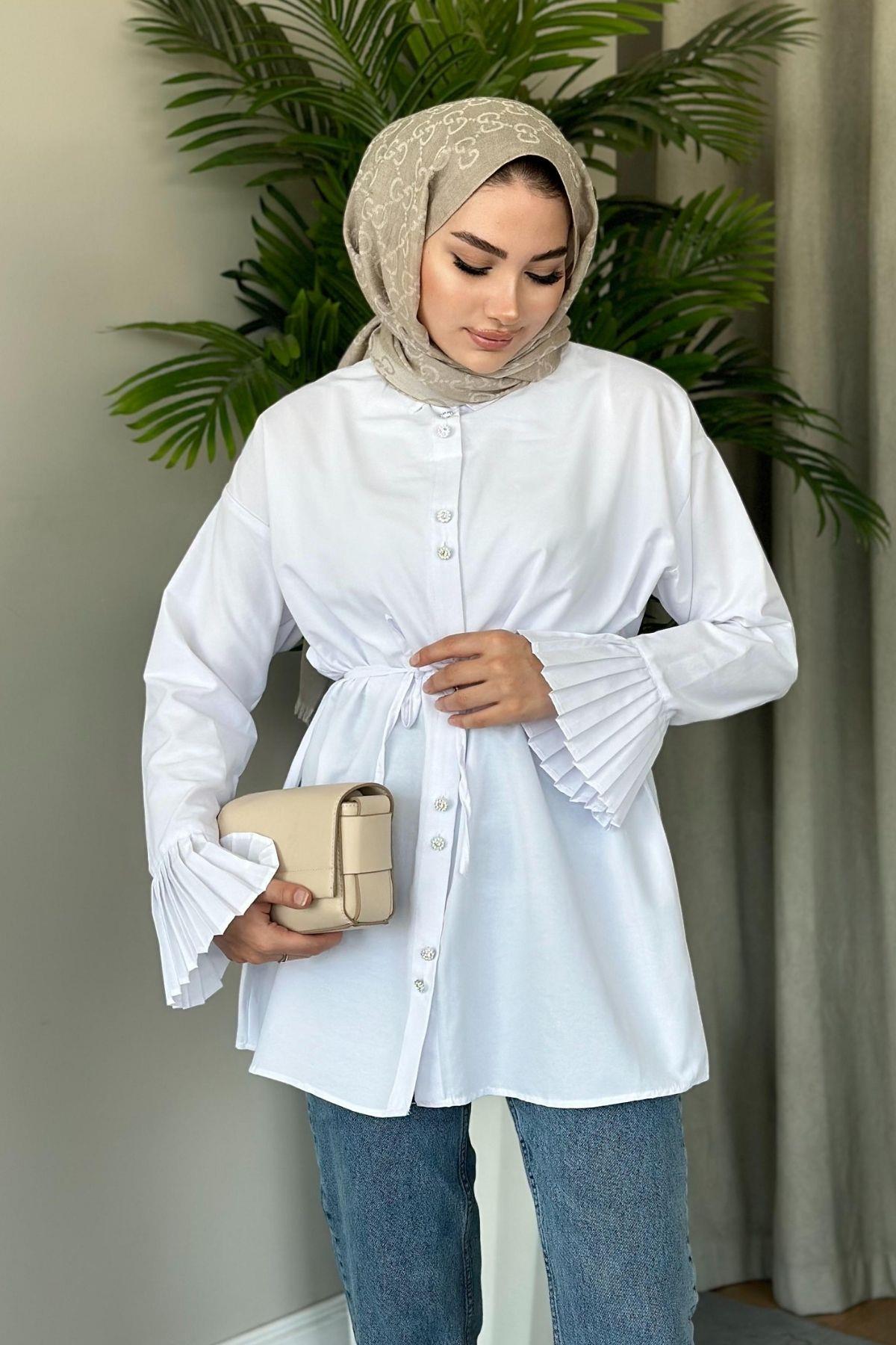 Piliseli Poplin Gömlek Beyaz, Fiyatları 