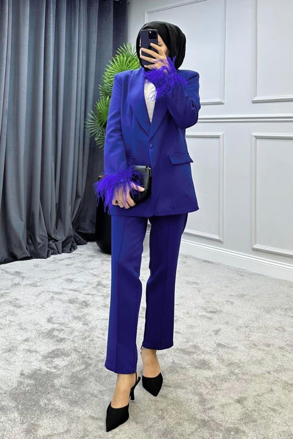 Kolu Tüylü Blazer Takım Saks, Fiyatları 
