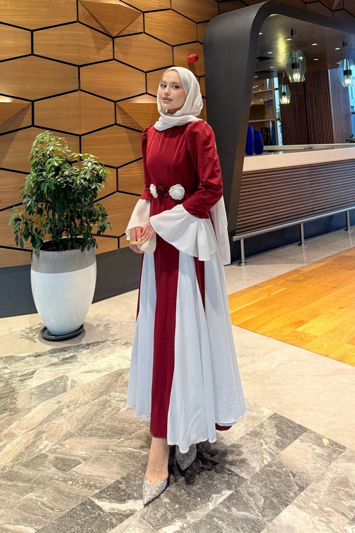 Kran Çift Renkli Elbise Bordo, Fiyatları Kran Çift Renkli Elbise Bordo- Haza Moda