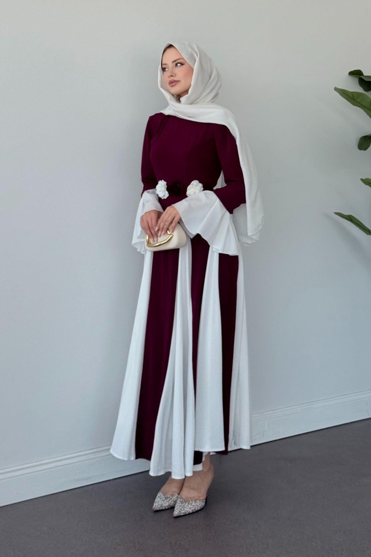 Kran Çift Renkli Elbise Mürdüm, Fiyatları Kran Çift Renkli Elbise Mürdüm- Haza Moda