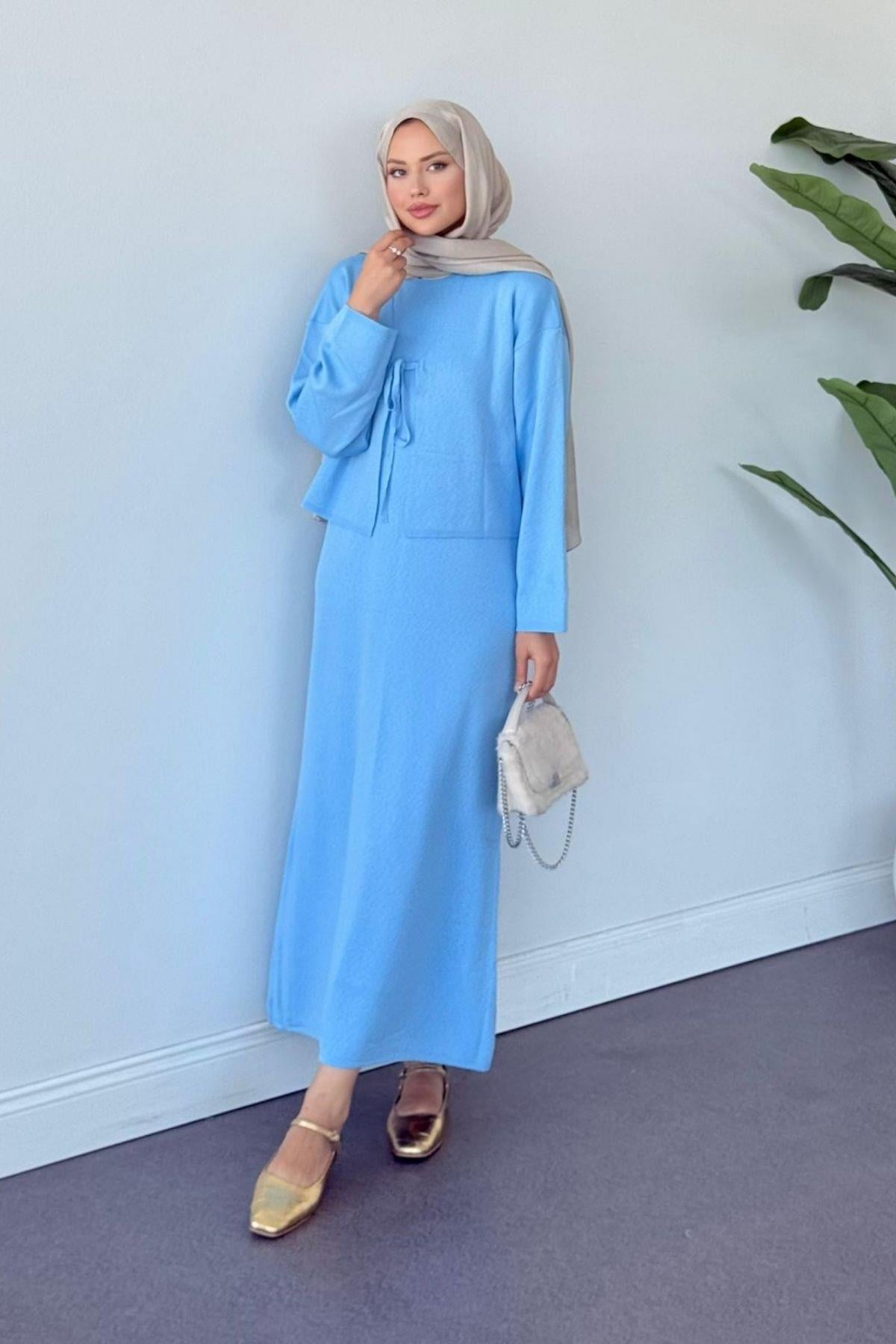 Kuğu Croplu Triko Elbise Mavi, Fiyatları Kuğu Croplu Triko Elbise Mavi- Haza Moda