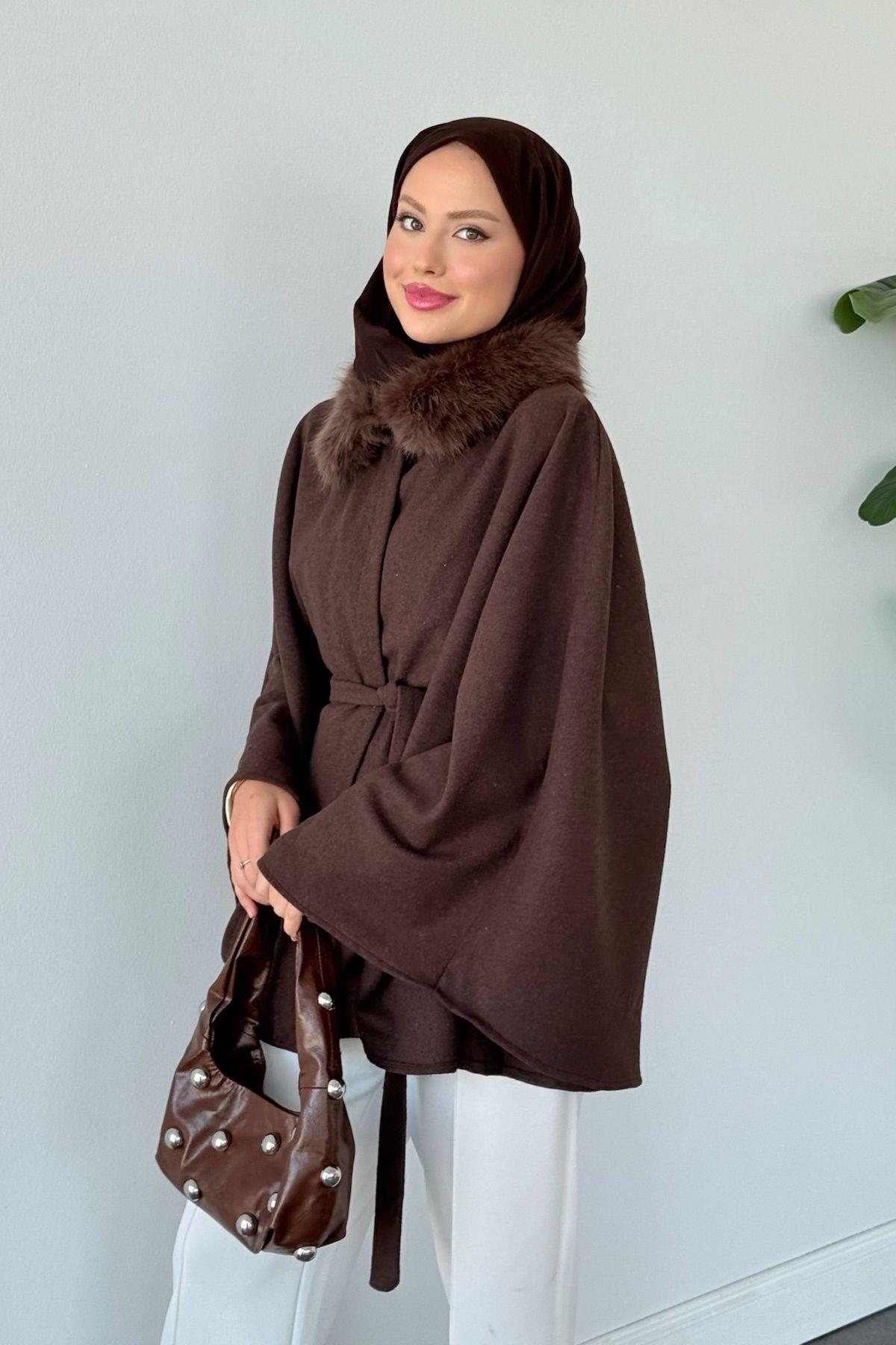 Kürk Yaka Panço Acıkahve, Fiyatları Kürk Yaka Panço Acıkahve- Haza Moda 