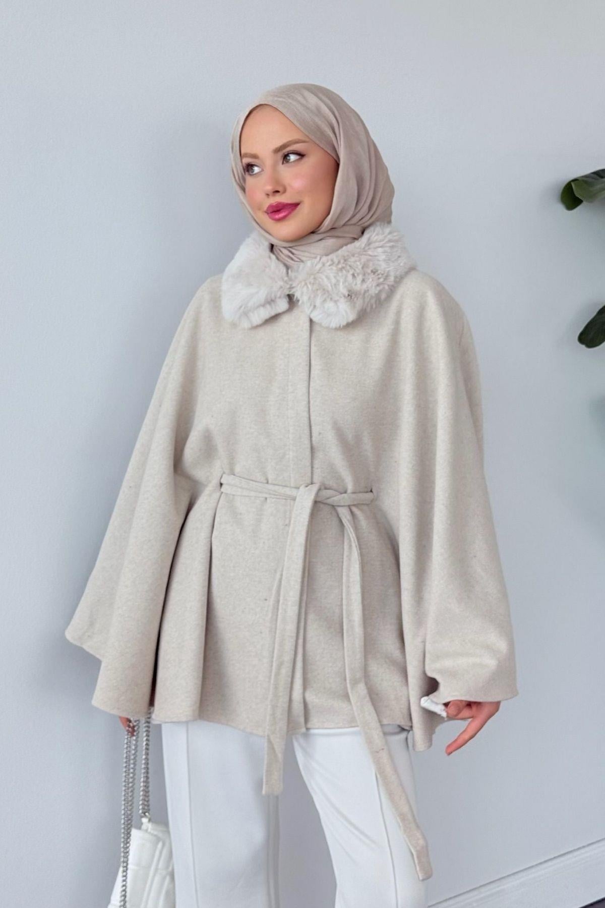 Kürk Yaka Panço Bej, Fiyatları Kürk Yaka Panço Bej- Haza Moda 