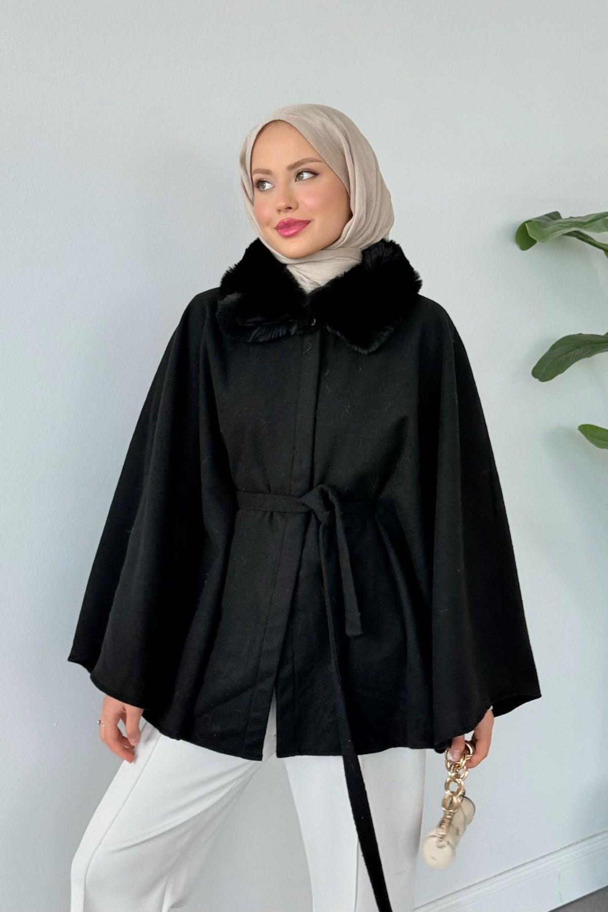 Kürk Yaka Panço Siyah, Fiyatları Kürk Yaka Panço Siyah- Haza Moda 
