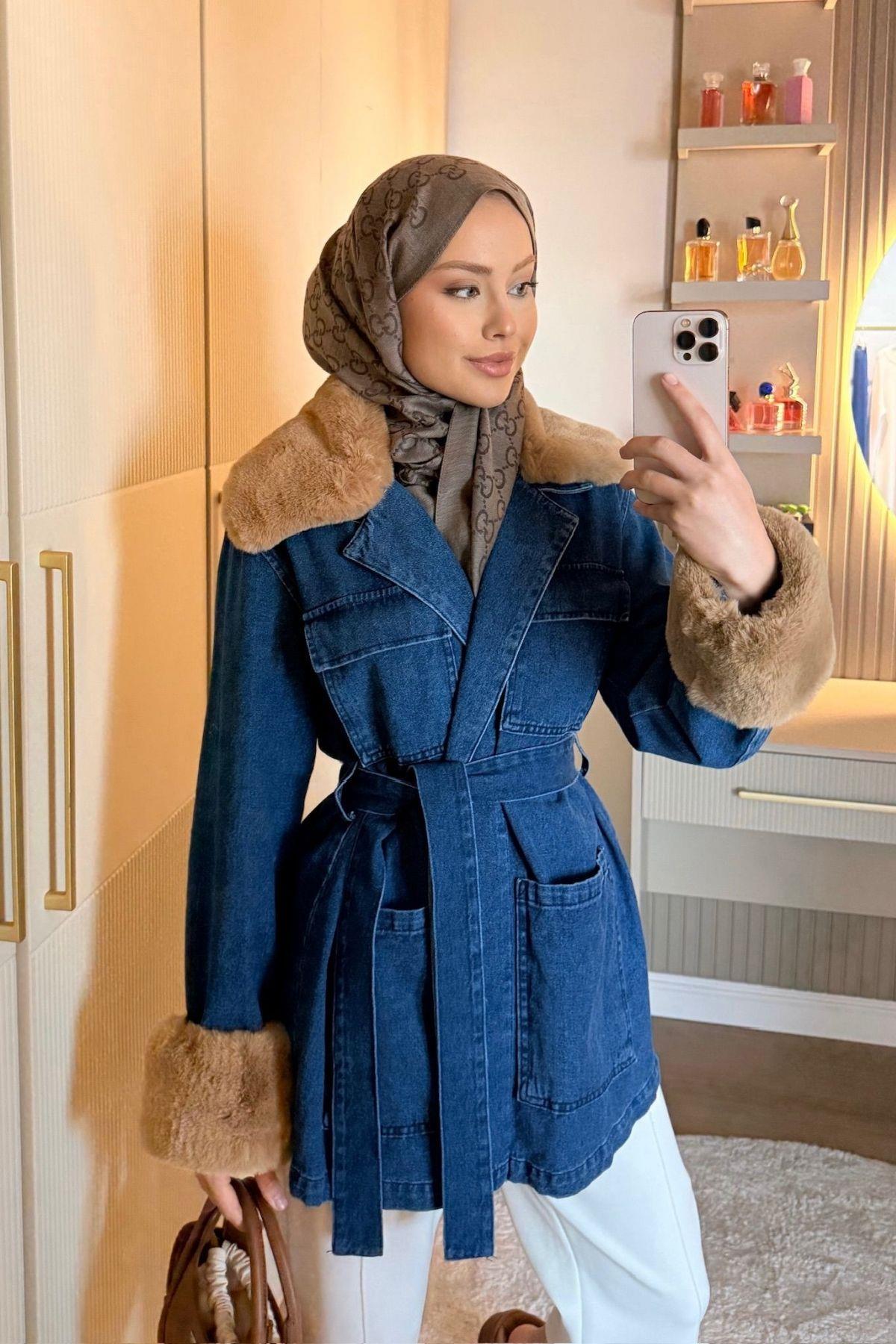 Kürklü Kot Ceket İndigo, Fiyatları Kürklü Kot Ceket İndigo | Haza Moda