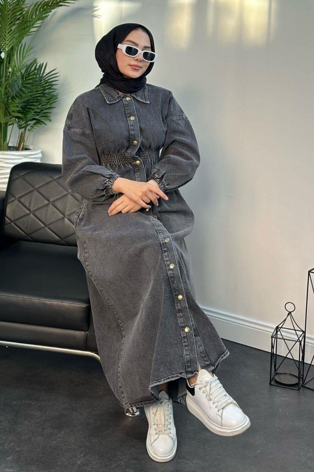 Lastikli Denim Elbise Füme, Fiyatları 