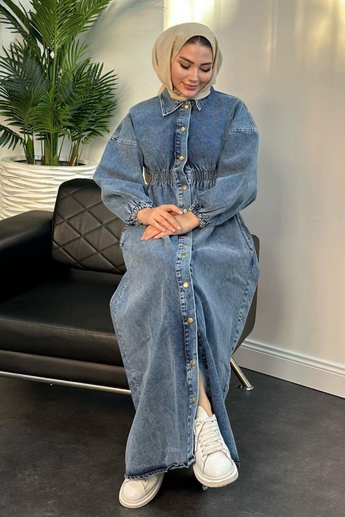 Lastikli Denim Elbise Mavi, Fiyatları 