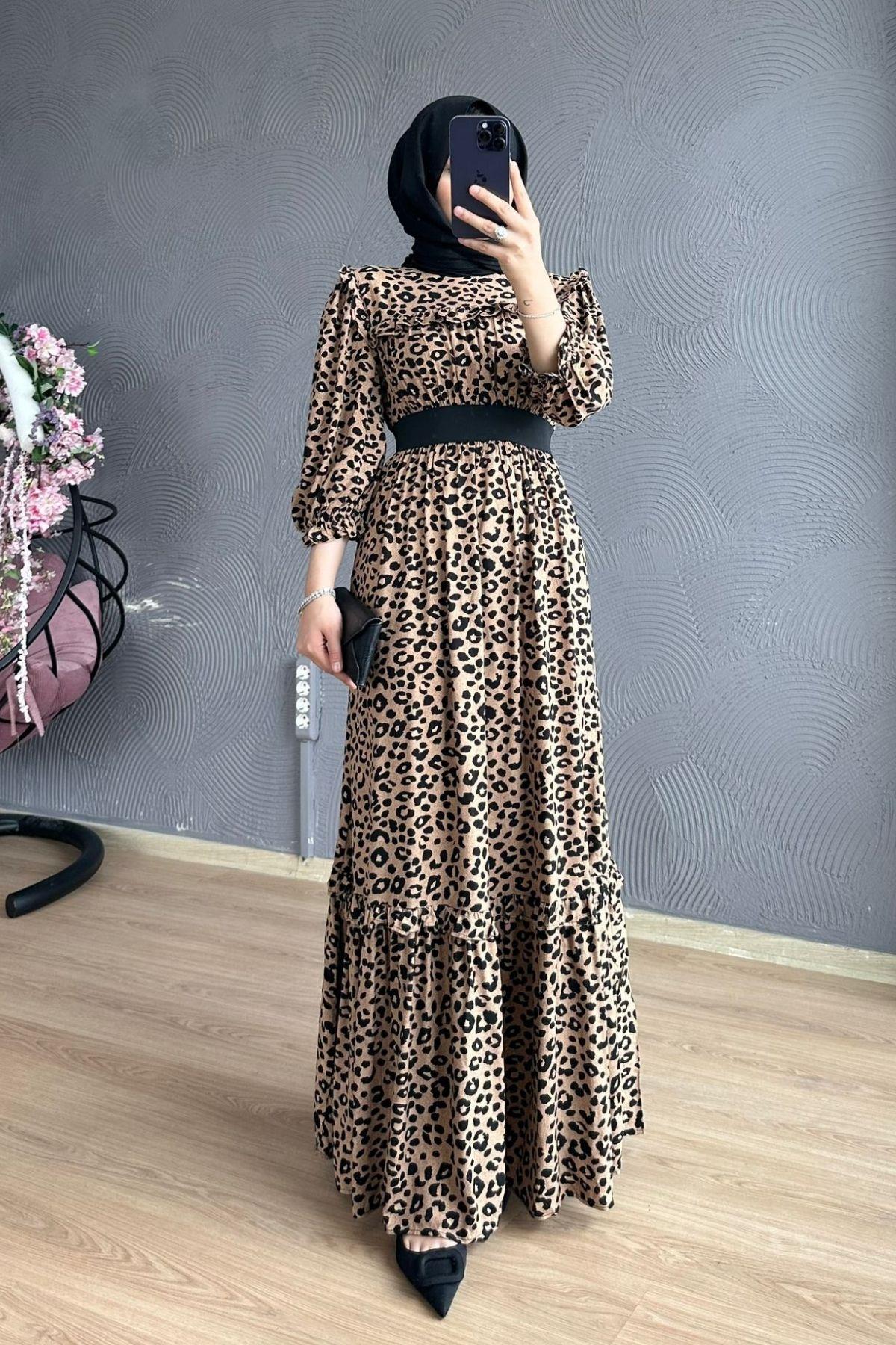 Leopar Viskon Elbise Kahve, Fiyatları 
