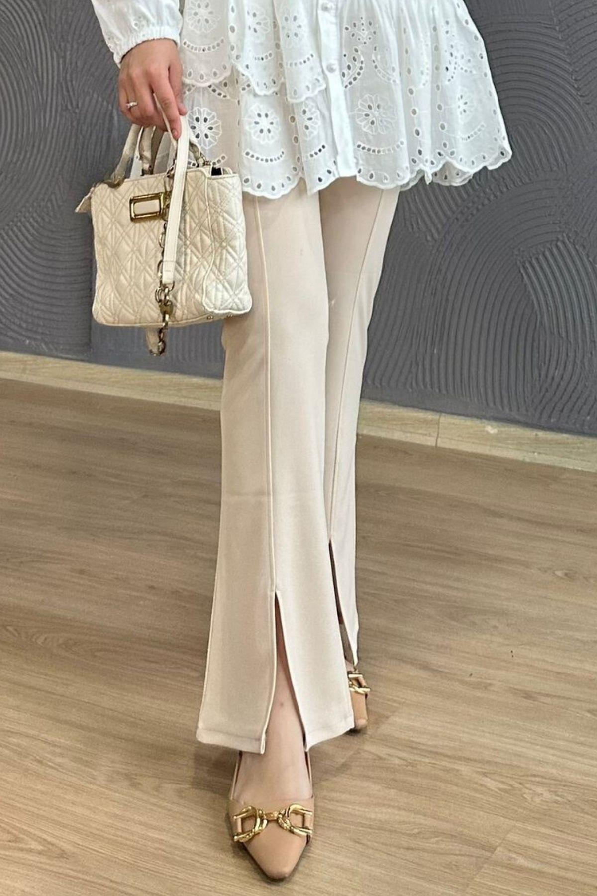 Likralı Yırtmaçlı Pantolon Bej, Fiyatları Likralı Yırtmaçlı Pantolon Bej – Haza Moda | Tesettür Giyim