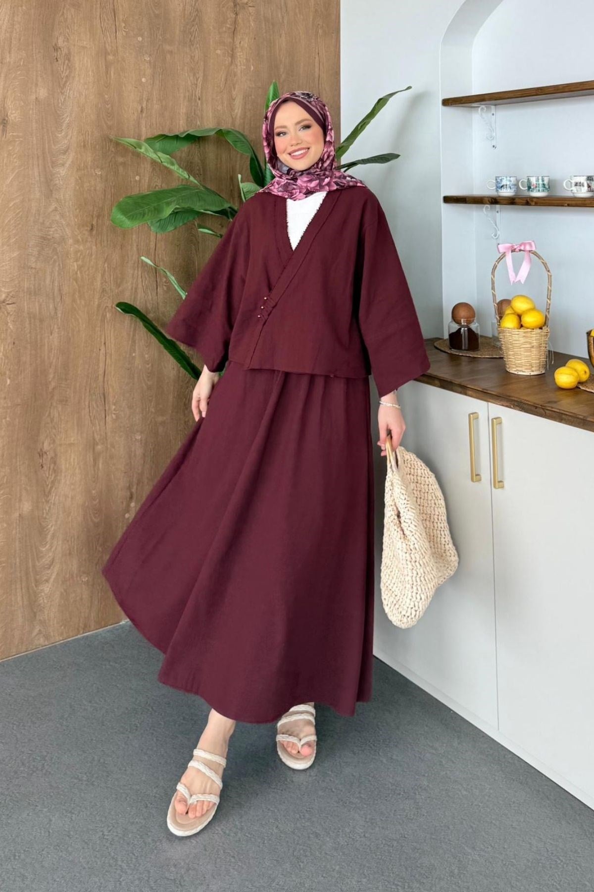 Limon Keten Etekli Takım Bordo, Fiyatları 