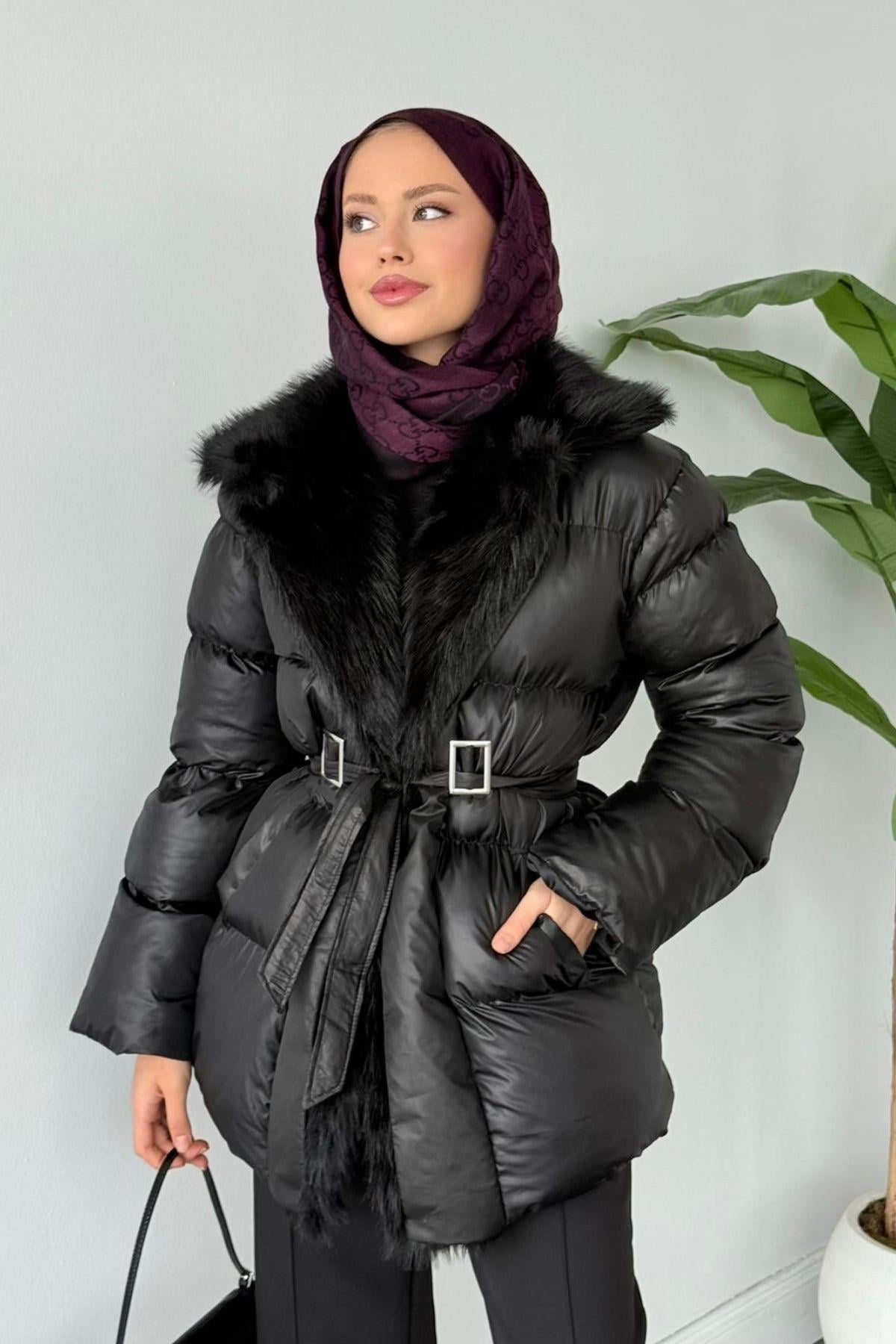 Look Şişme Kürklü Mont Siyah , Fiyatları 