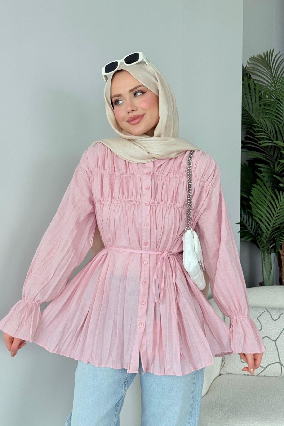 Lotus Piliseli Gömlek Pembe, Fiyatları Lotus Piliseli Gömlek Pembe- Haza Moda