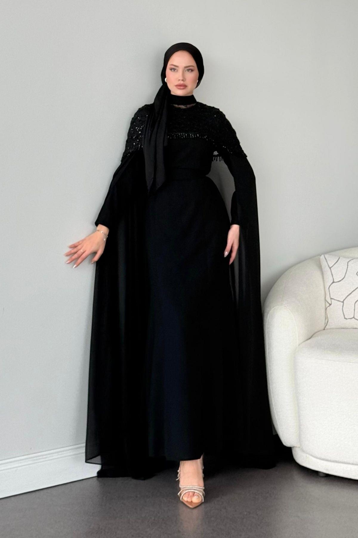 Madella Pelerinli Abiye Siyah, Fiyatları 