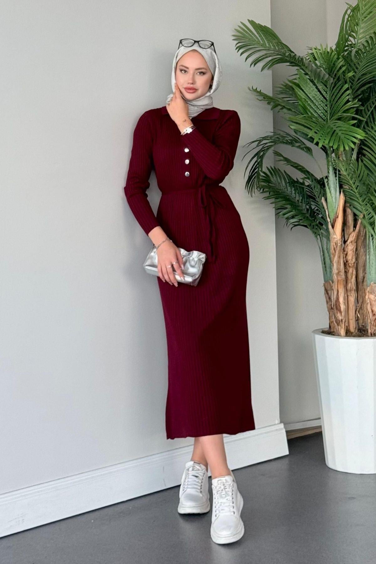 Madonna Triko Elbise Bordo, Fiyatları Haza Moda | Tesettür Giyim | Madonna Triko Elbise Bordo