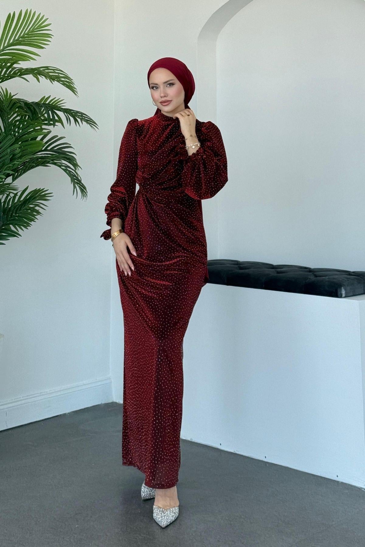 Maviş Simli Abiye Bordo, Fiyatları Maviş Simli Abiye Bordo- Haza Moda 