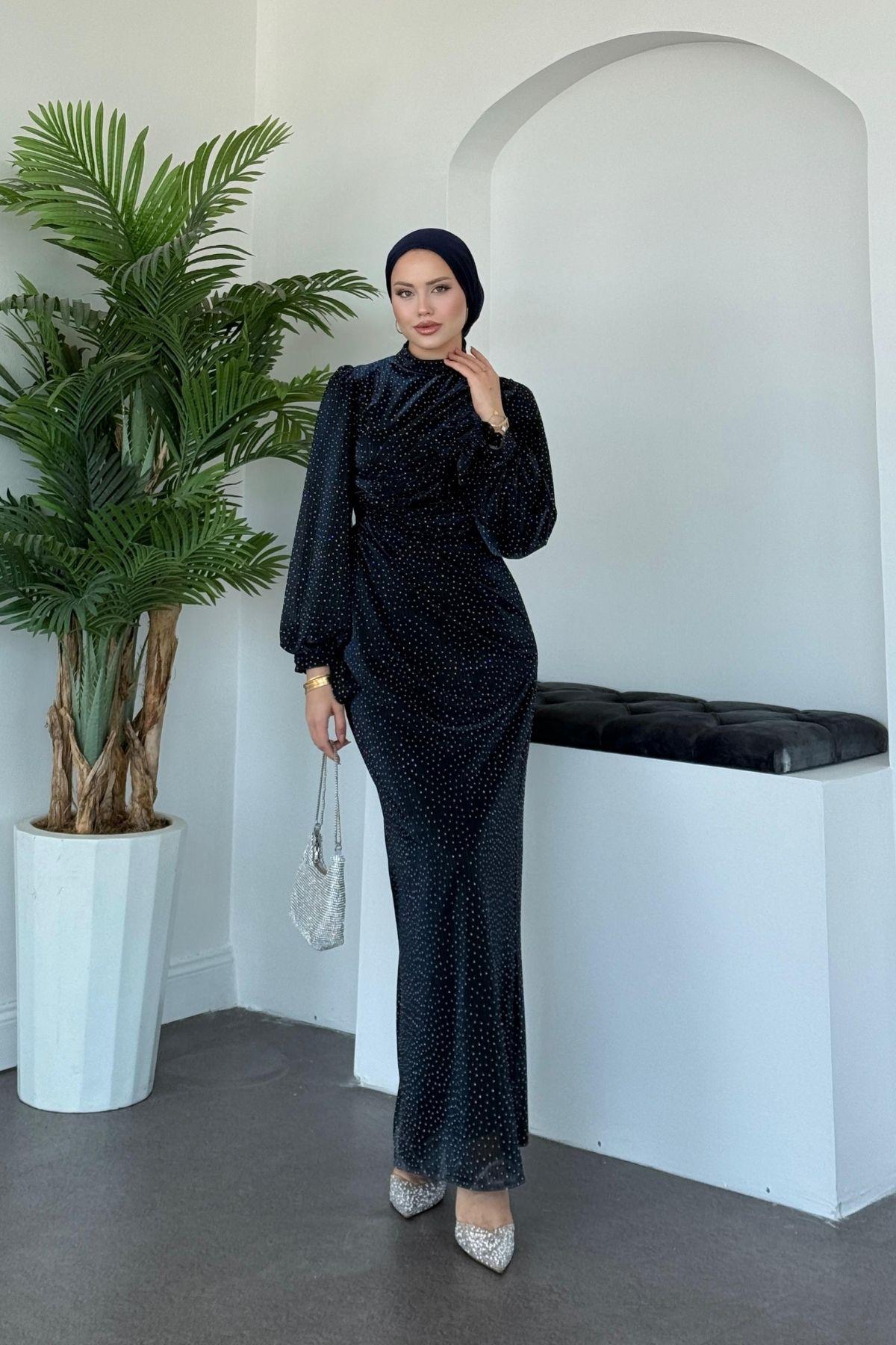 Maviş Simli Abiye Lacivert, Fiyatları Maviş Simli Abiye Lacivert- Haza Moda 