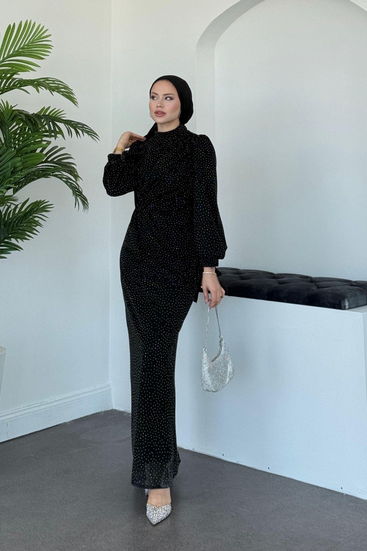 Maviş Simli Abiye Siyah, Fiyatları Maviş Simli Abiye Siyah- Haza Moda 