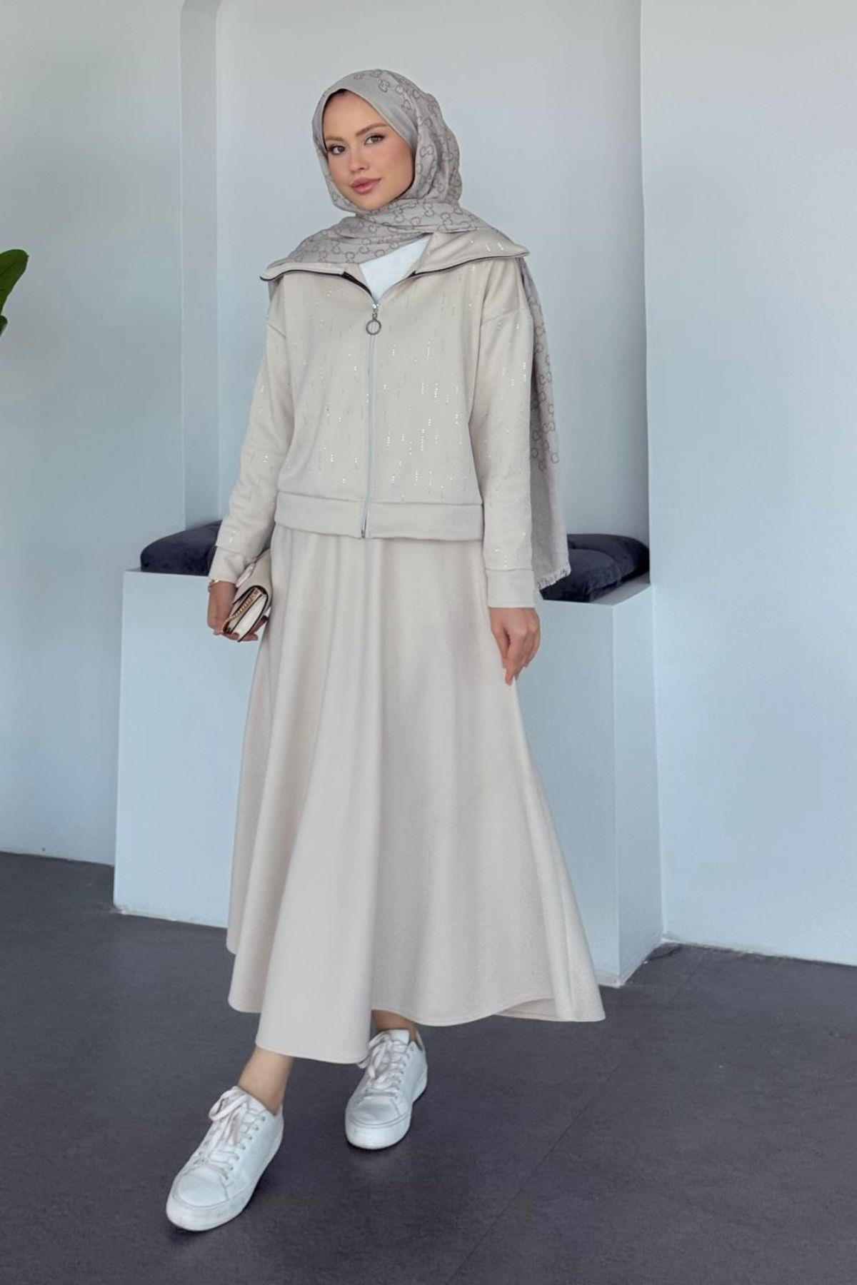 Maya Taşlı Etekli Takım Bej, Fiyatları Maya Taşlı Etekli Takım BejHaza Moda 