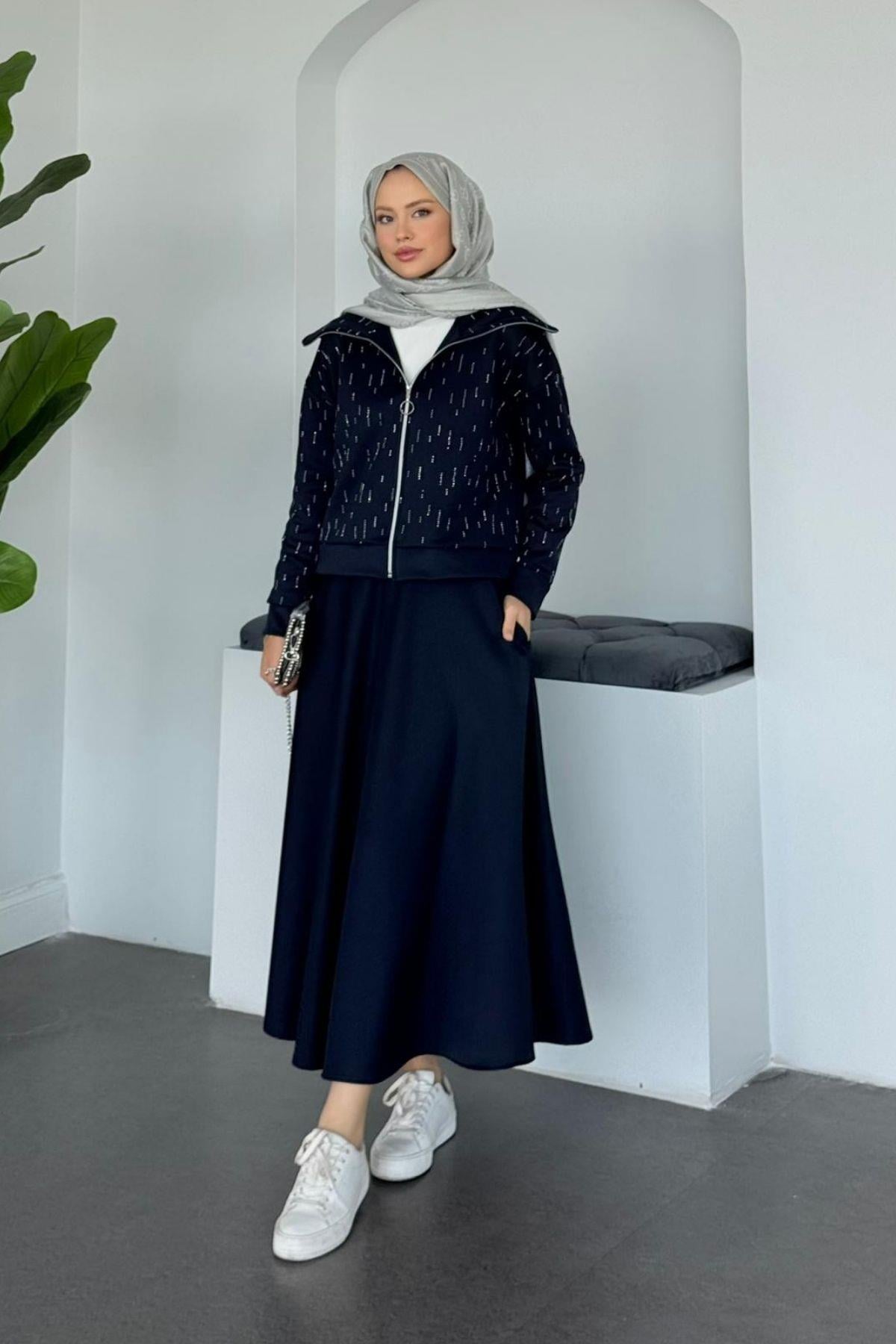 Maya Taşlı Etekli Takım Lacivert, Fiyatları Maya Taşlı Etekli Takım Lacivert Haza Moda 