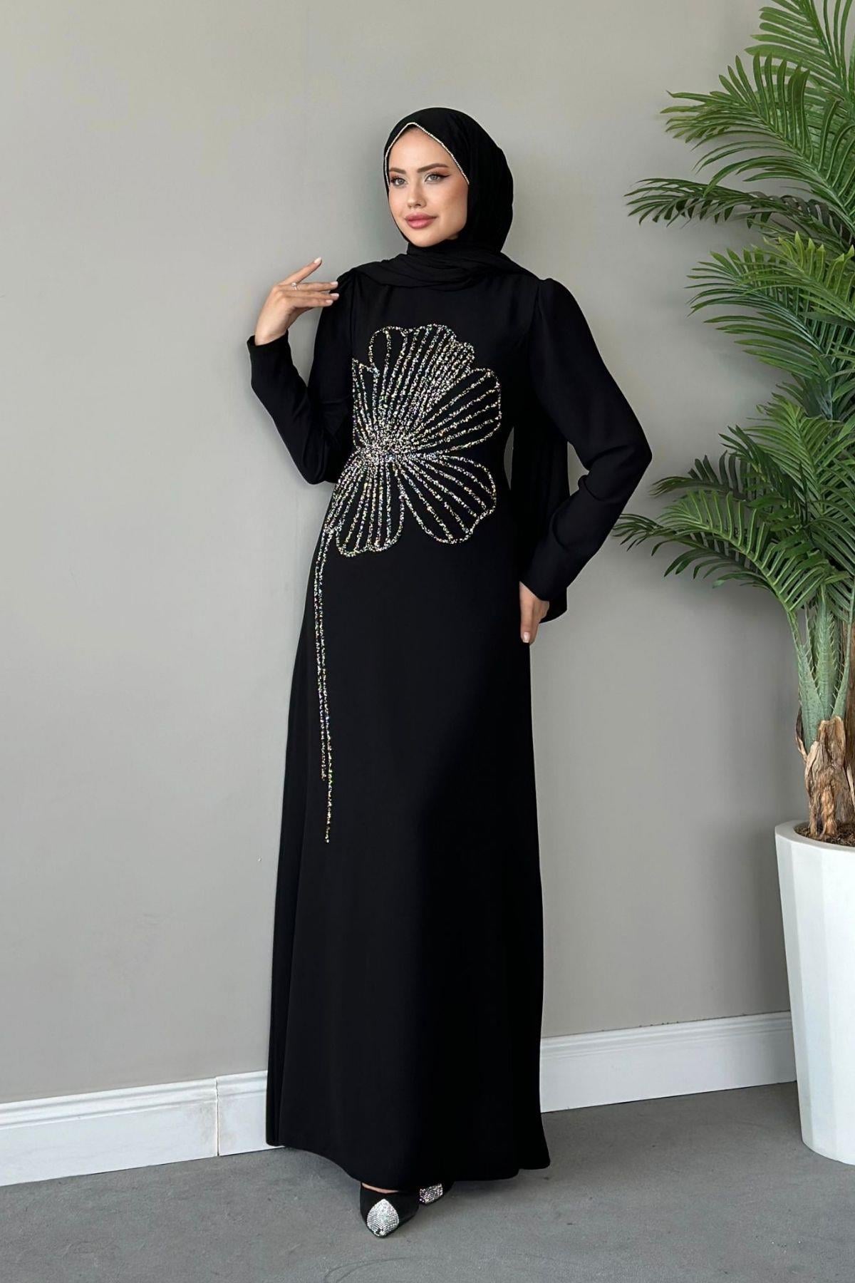 Meyra Yanı Taş Abiye Siyah, Fiyatları Haza Moda | Tesettür Giyim | Meyra Yanı Taş Abiye Siyah