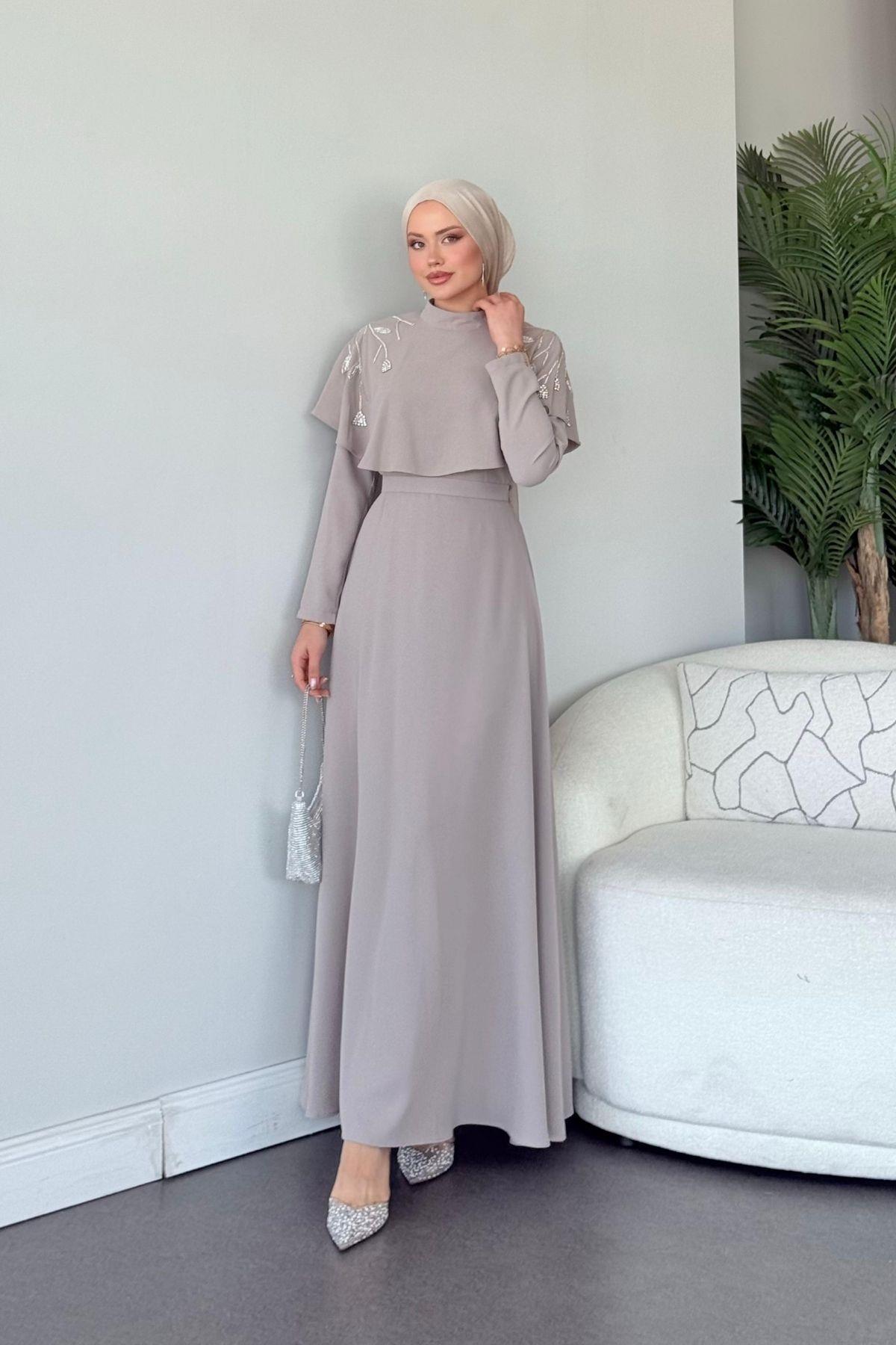 Milan Taşlı Abiye Bej, Fiyatları Milan Taşlı Abiye Bej- Haza Moda 