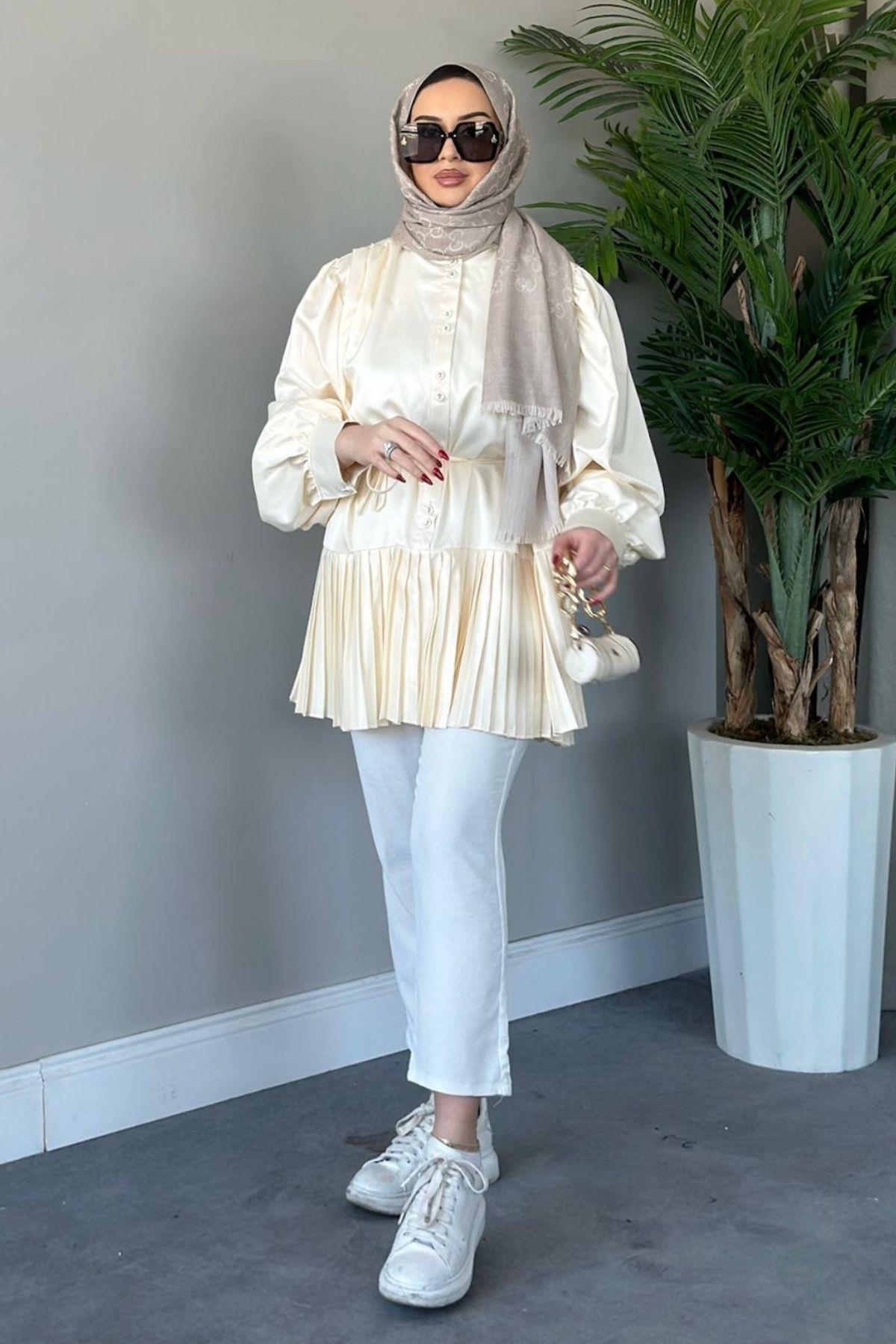 Milano Piliseli Gömlek Bej, Fiyatları Haza Moda | Tesettür Giyim | Milano Piliseli Gömlek Bej