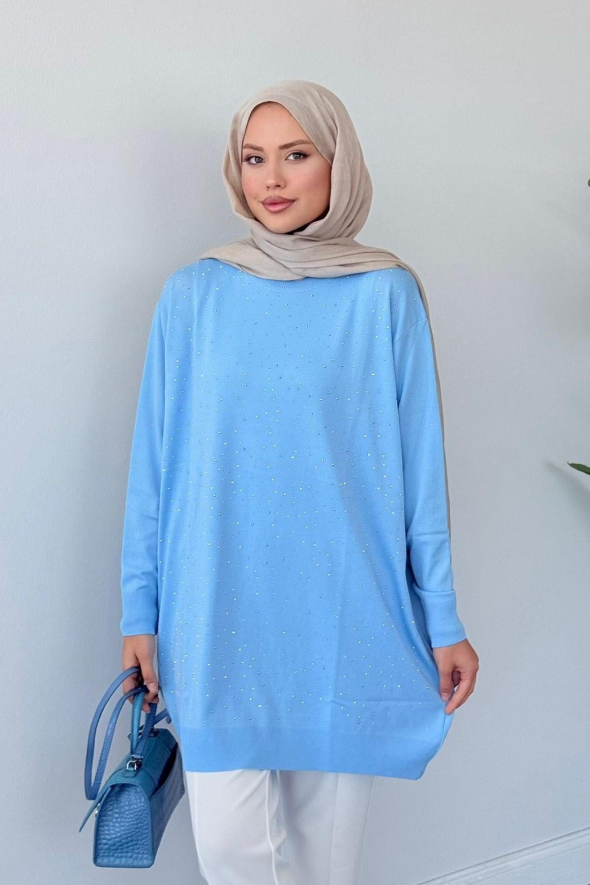 Movi Taşlı Merserize Tunik Bebe Mavisi, Fiyatları Movi Taşlı Merserize Tunik  Bebe Mavisi- Haza Moda 