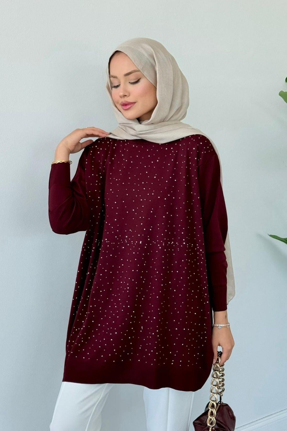 Movi Taşlı Merserize Tunik Bordo, Fiyatları Movi Taşlı Merserize Tunik  Bordo- Haza Moda 