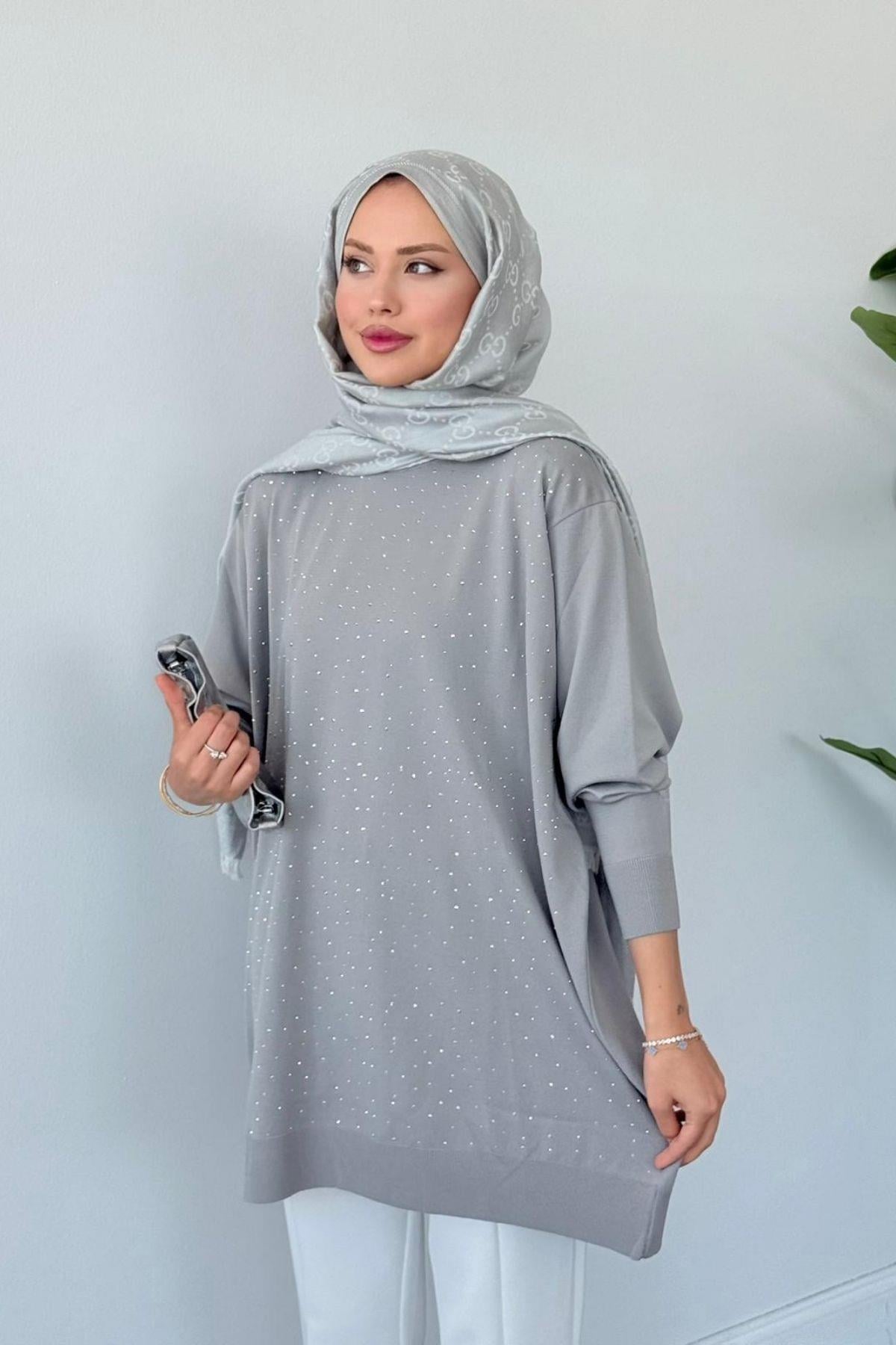 Movi Taşlı Merserize Tunik Gri, Fiyatları Movi Taşlı Merserize Tunik  Gri- Haza Moda 