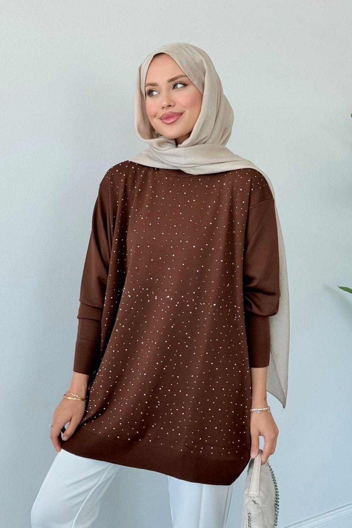 Movi Taşlı Merserize Tunik Kahve, Fiyatları Movi Taşlı Merserize Tunik  Kahve- Haza Moda 