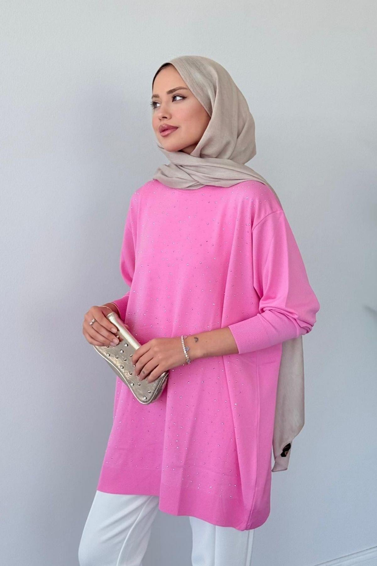 Movi Taşlı Merserize Tunik Pembe, Fiyatları Movi Taşlı Merserize Tunik  Pembe- Haza Moda 