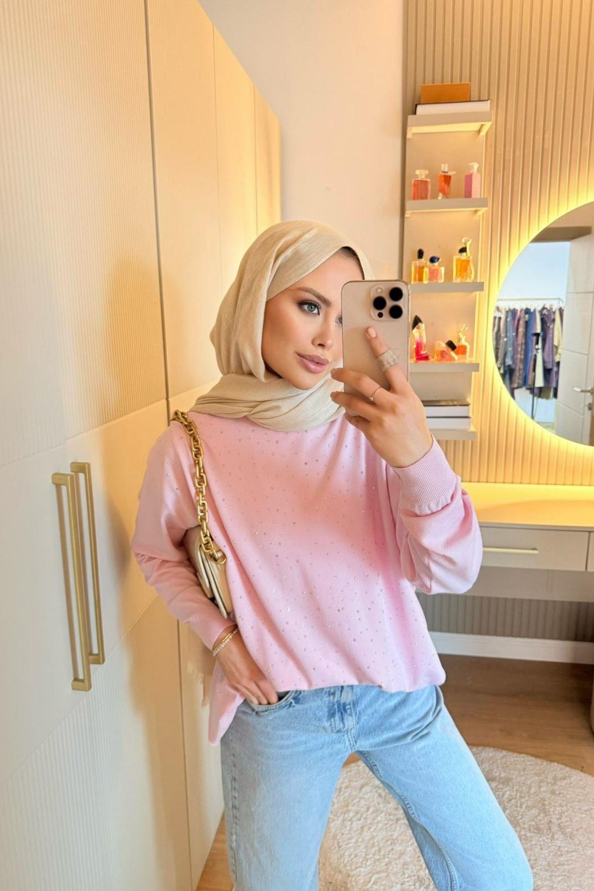 Movi Taşlı Merserize Tunik Pudra, Fiyatları Movi Taşlı Merserize Tunik  Pudra - Haza Moda 