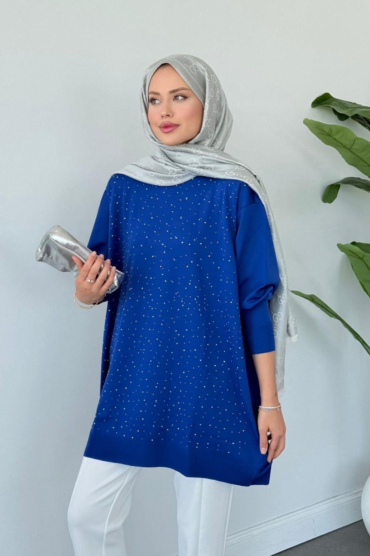 Movi Taşlı Merserize Tunik Saks, Fiyatları Movi Taşlı Merserize Tunik  Saks- Haza Moda 