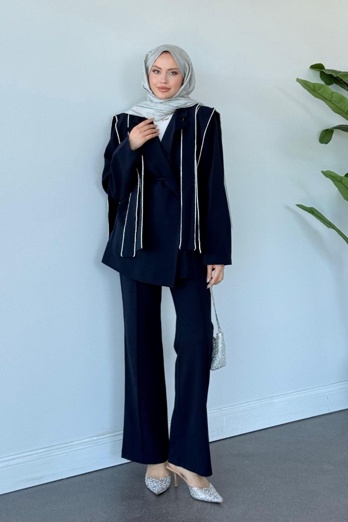 Mue Taşlı Takım Lacivert, Fiyatları Mue Taşlı Takım Lacivert Haza Moda 