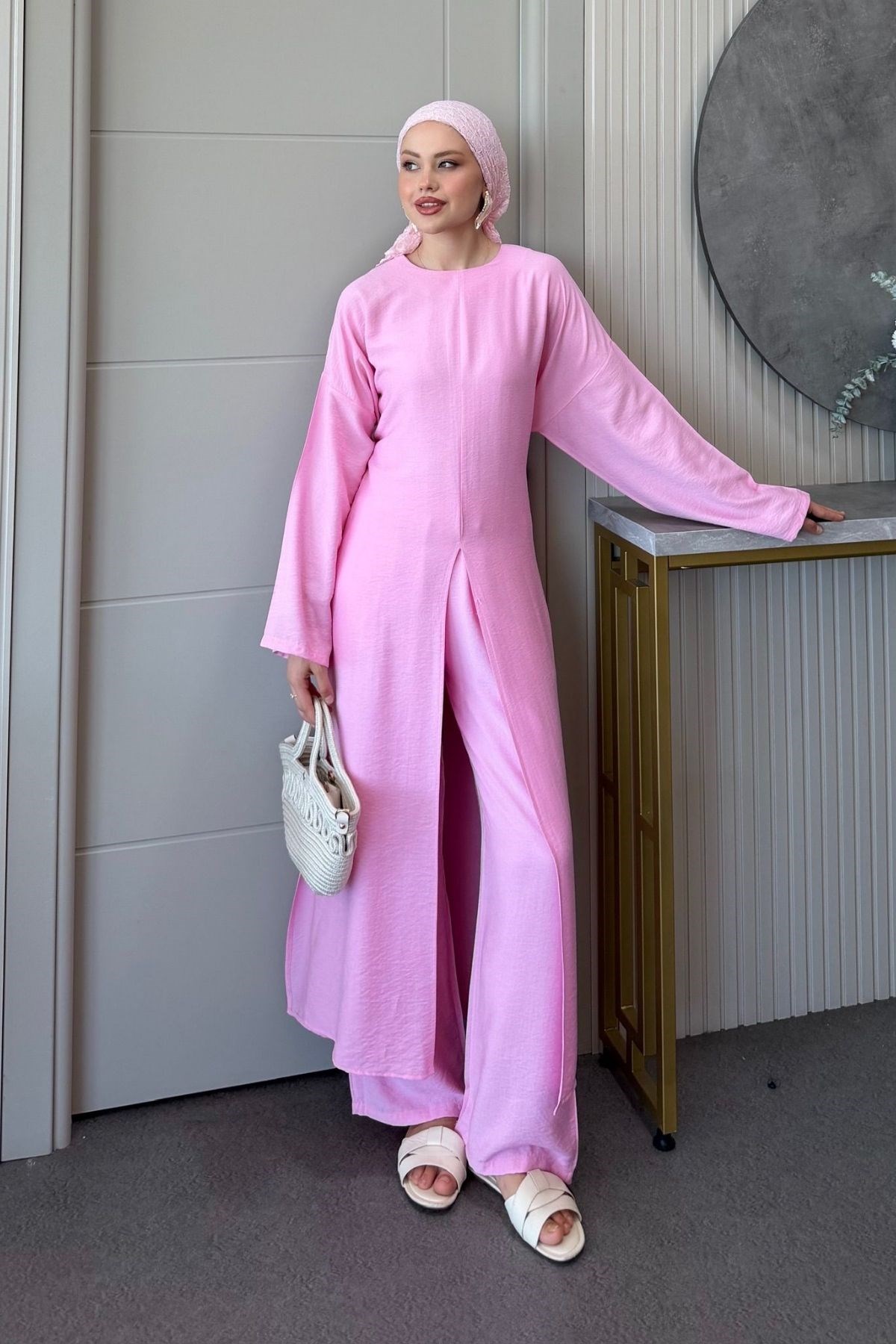 Nora Ön Yırtmaçlı Keten Takım Pembe, Fiyatları 